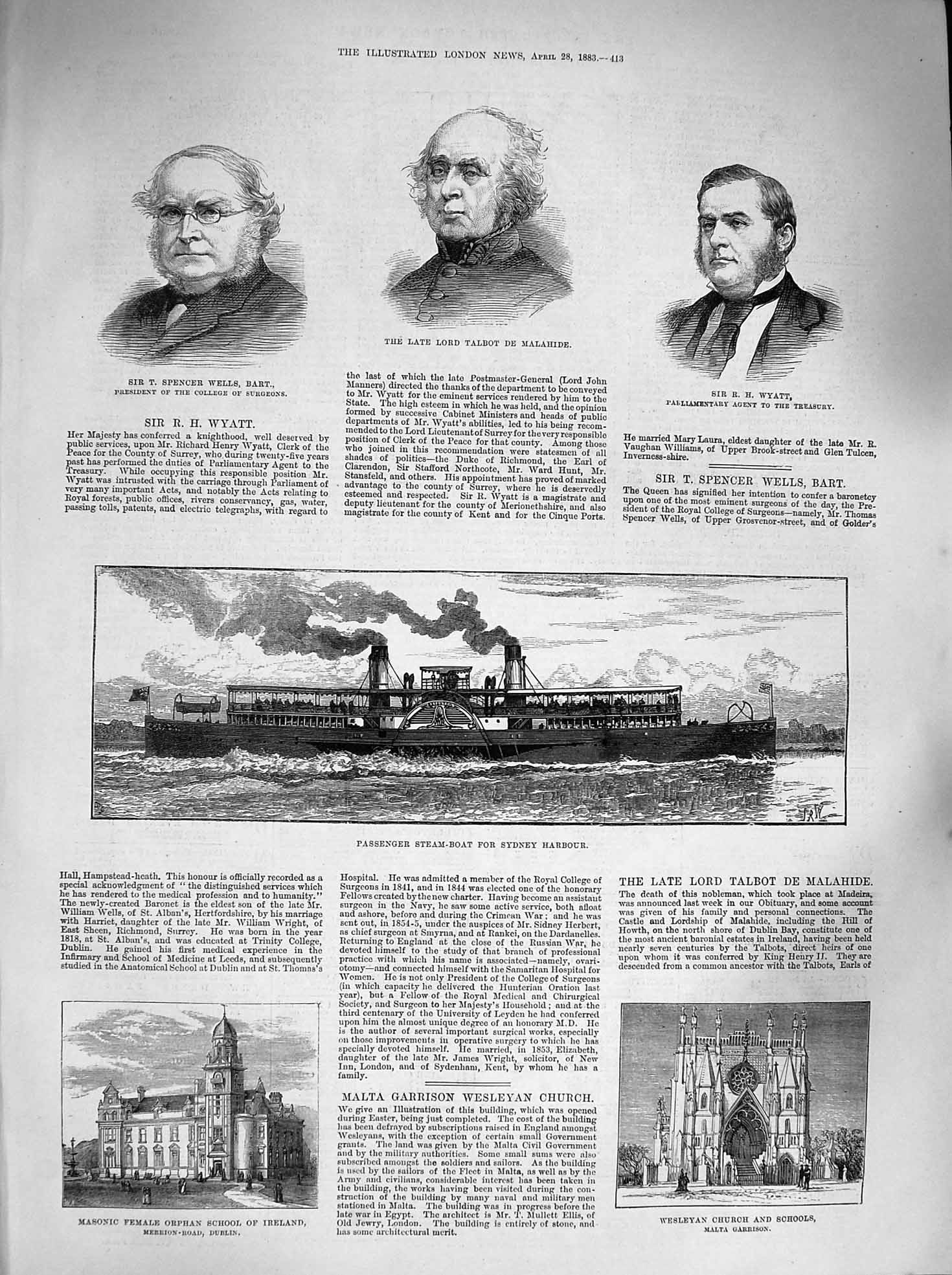 Original Old Antique Print 1883 Passenger Steam Boat Sydney Malahide Wyat 19th
