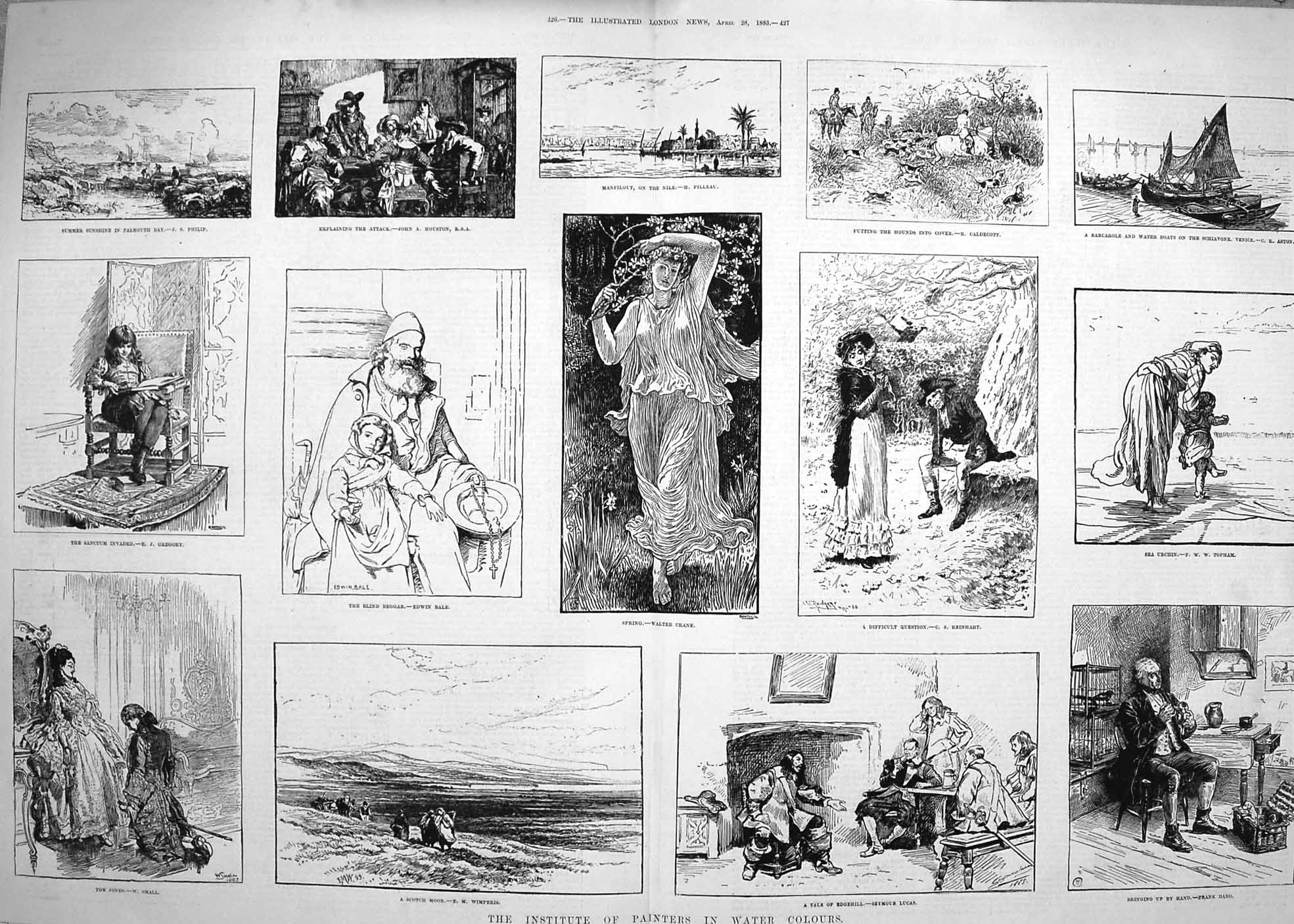 Old Antique Print 1883 Institute Painters Water Colours Landscape People 19th