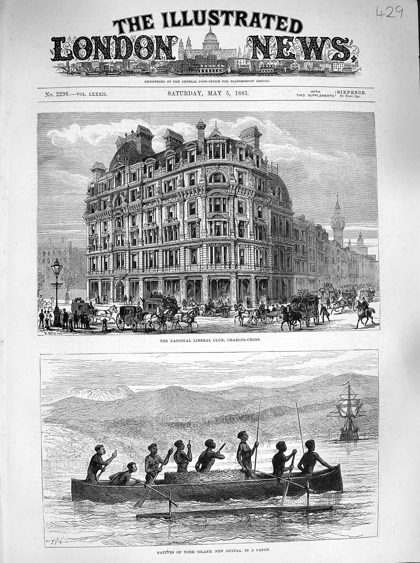 Original Old Antique Print 1883 Liberal Club Charing-Cross Natives Guinea Canoe