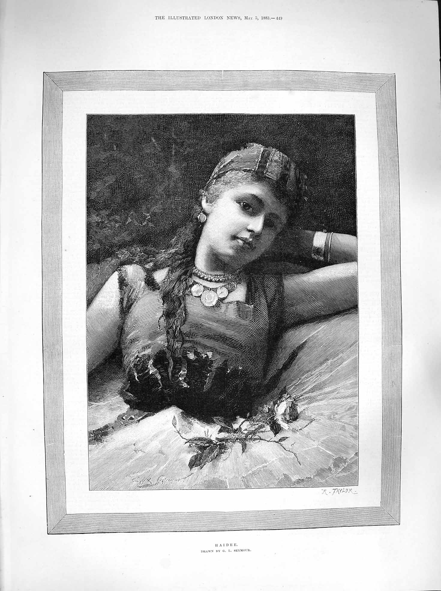Original Old Antique Print 1883 Portrait Beautiful Girl Haidee F 19th