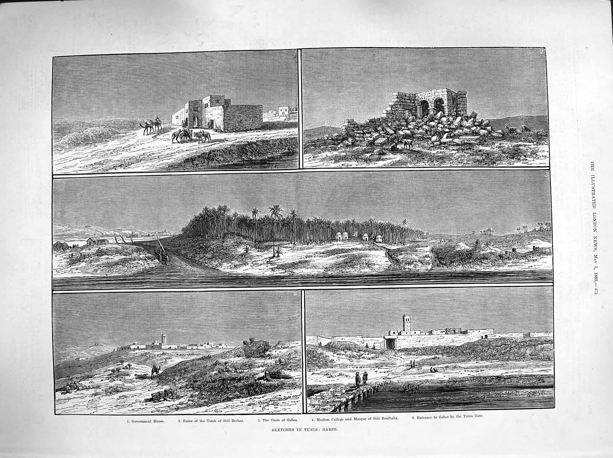 Old Antique Print 1883 Tunis Gabes Tomb Sidi Bechar Oasis Moslem College 19th