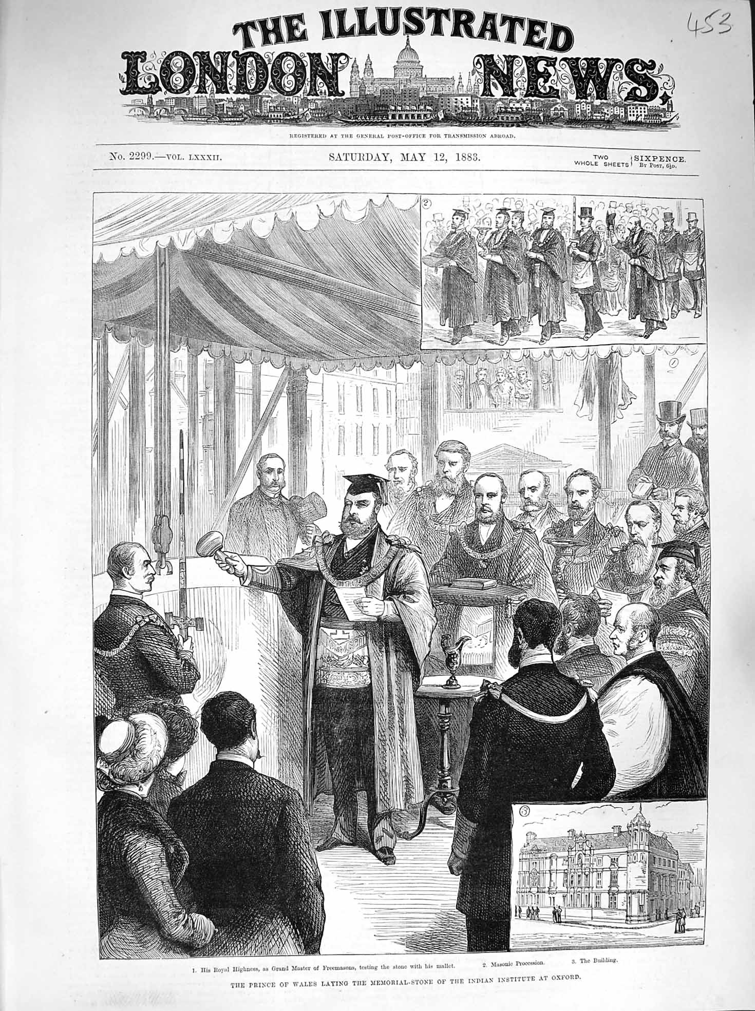 Original Old Antique Print 1883 Prince Wales Memorial Stone Indian Oxford 19th