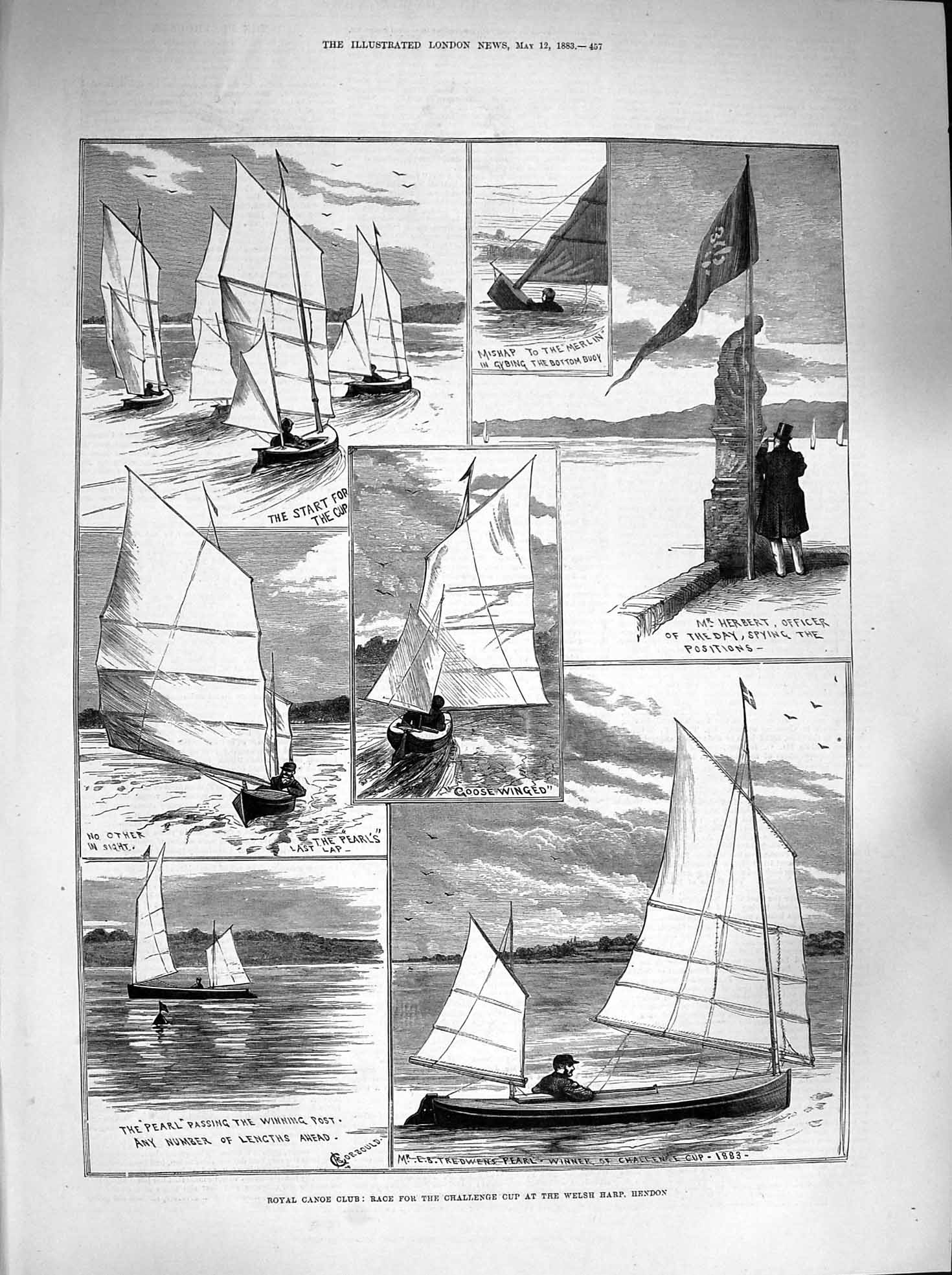 Original Old Antique Print 1883 Royal Canoe Club Challenge Cup Welsh Harp 19th