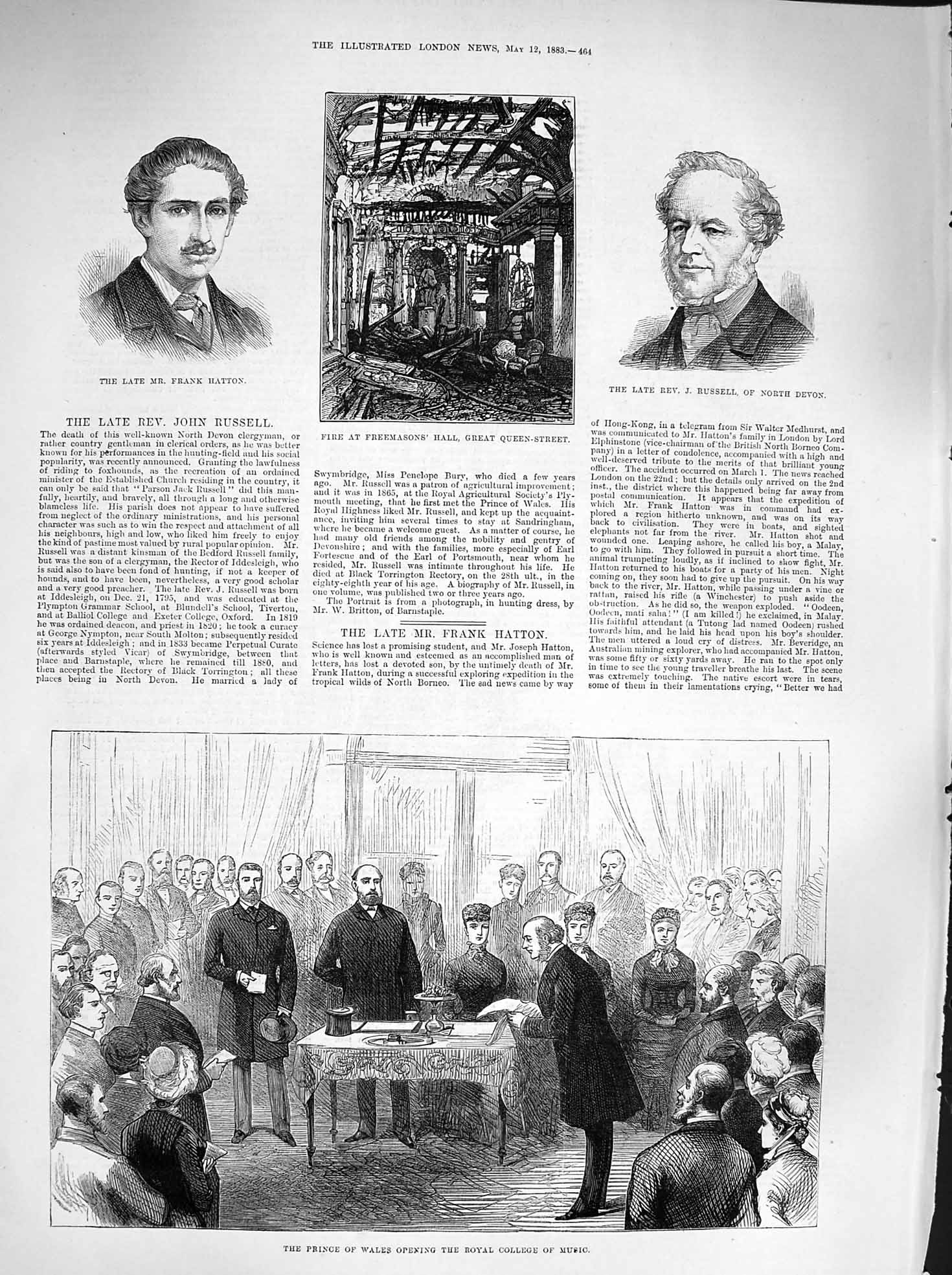 Old Antique Print 1883 Prince Wales Royal College Music Hatton Freemasons 19th