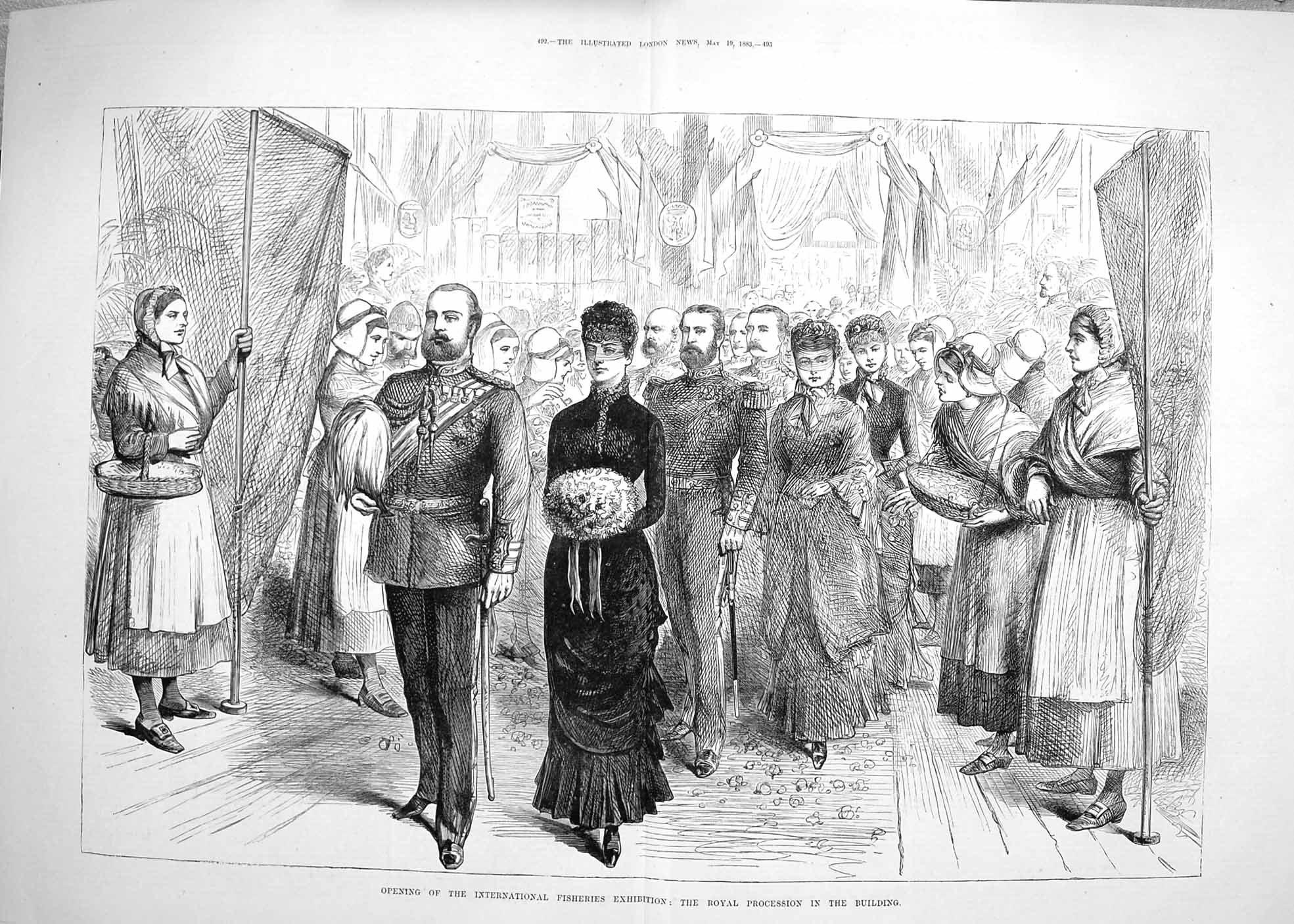 Original Old Antique Print 1883 International Fisheries Exhibition Procession