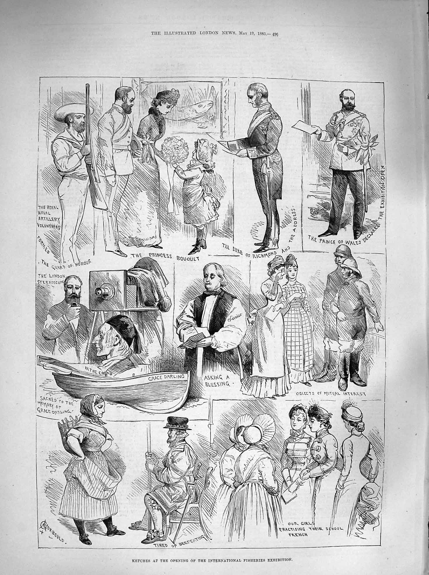 Original Old Antique Print 1883 International Fisheries Exhibition Grace 19th