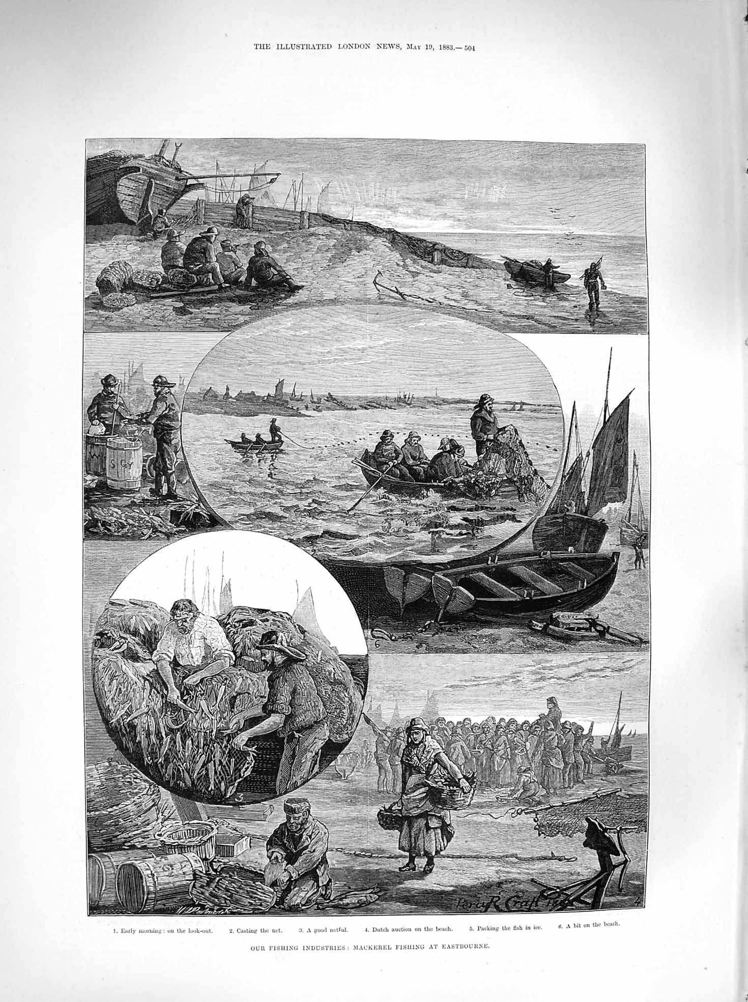Original Old Antique Print 1883 Fishing Mackerel Eastbourne Pilchards Cornwall