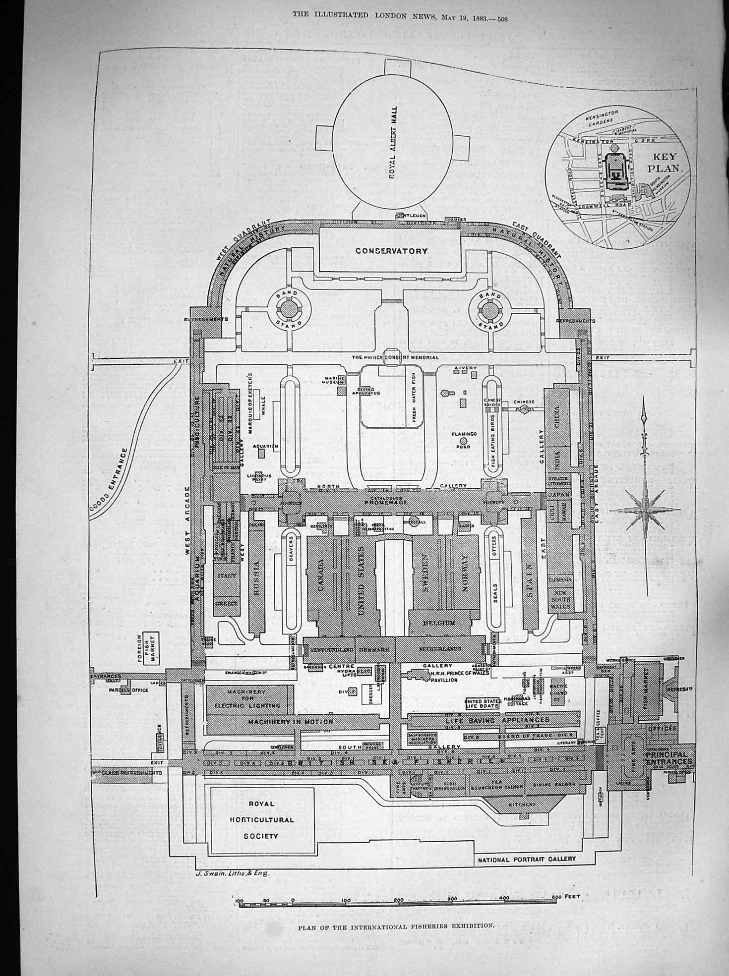 Original Old Antique Print 1883 Plan International Fisheries Exhibition London