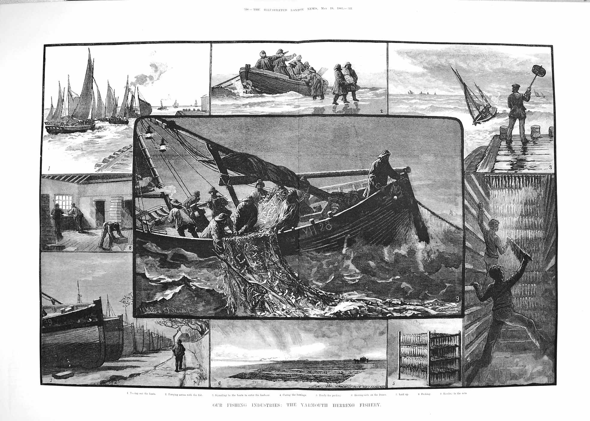 Original Old Antique Print 1883 Fishing Industry Yarmouth Herring Boats Denes