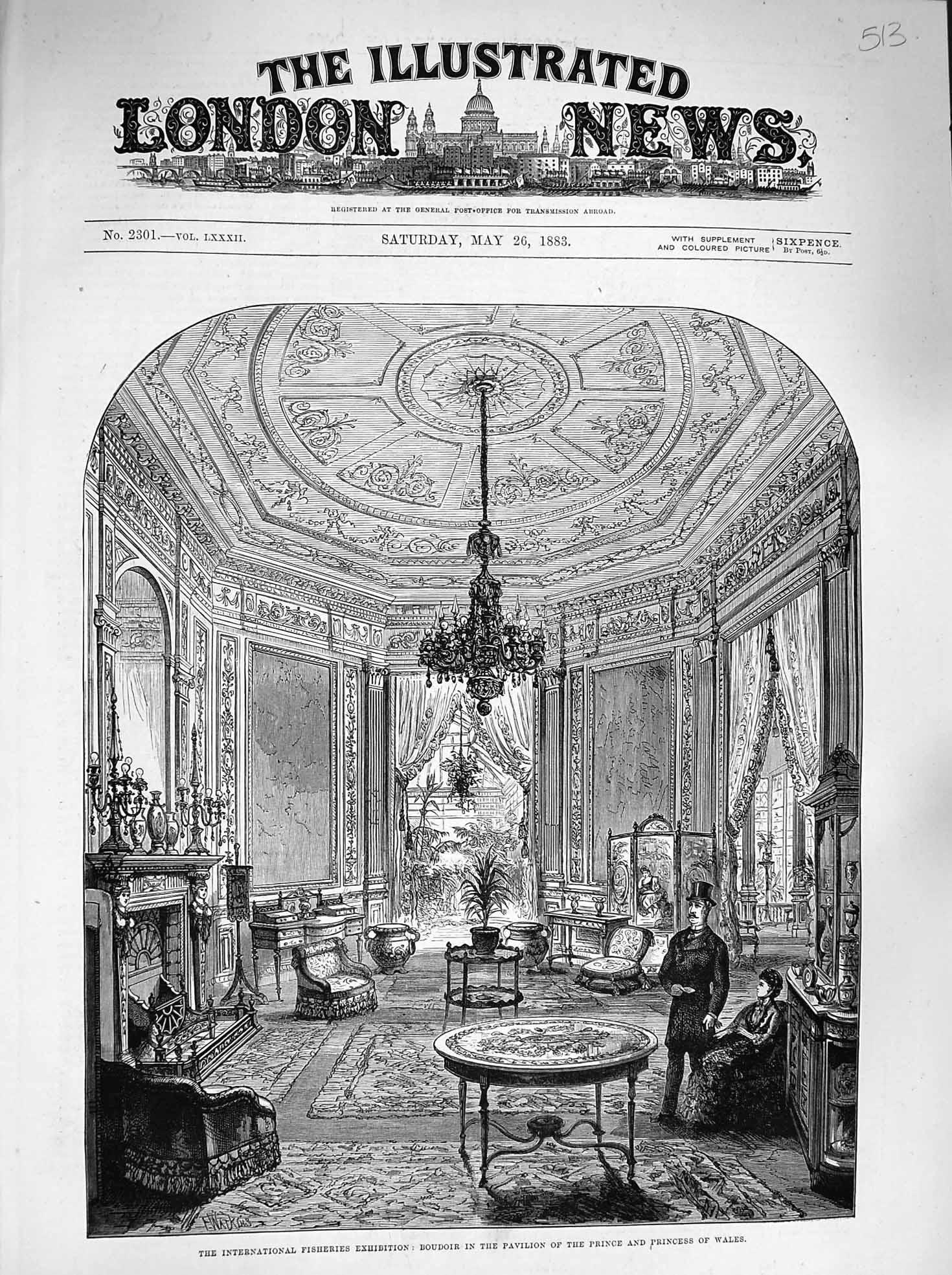Old Antique Print 1883 Boudoir Pavilion Prince Wales Fisheries Exhibition 19th