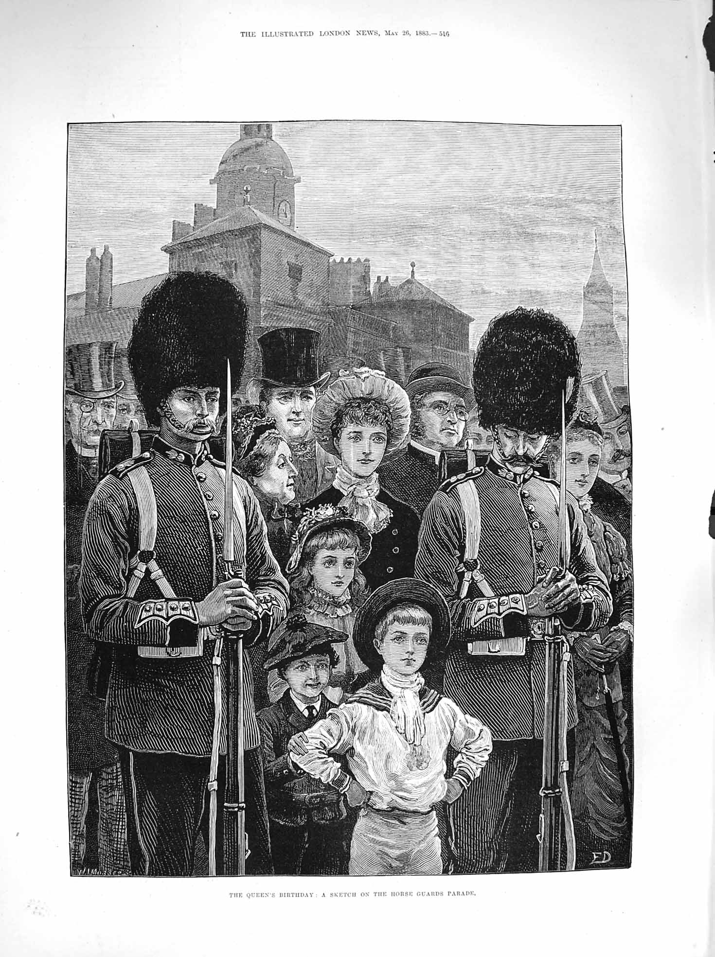 Original Old Antique Print 1883 Queen Birthday Horse Guards Parade Fine Art