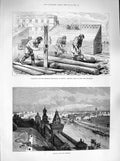 Original Old Antique Print 1883 View Moscow Kremlin Coronation Erecting Seats