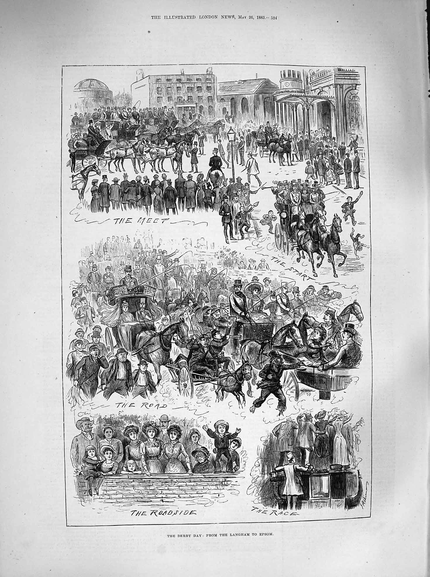 Original Old Antique Print 1883 Derby Day Langham Epsom Horse Racing Sport 19th