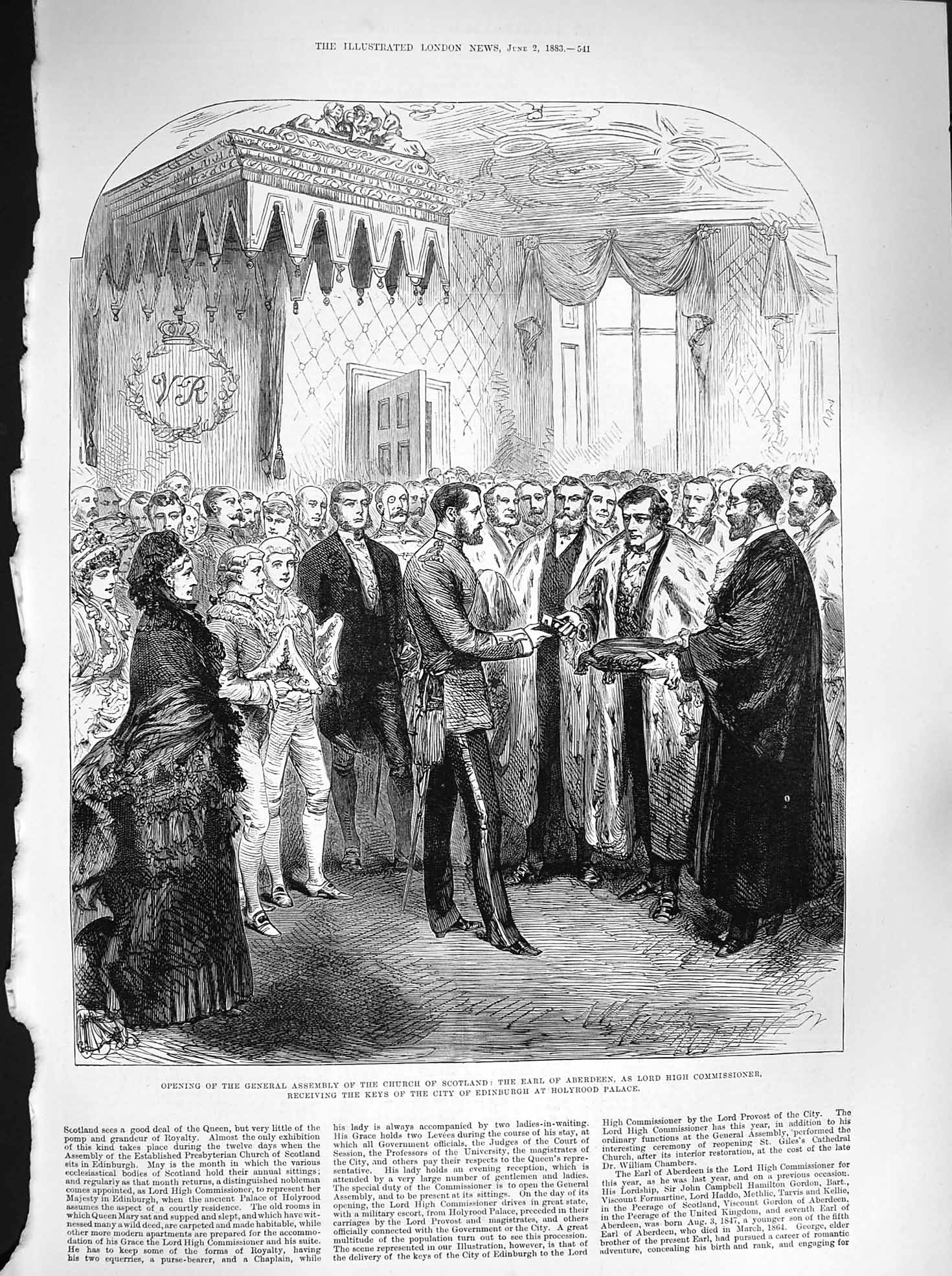 Original Old Antique Print 1883 Church Scotland Earl Aberdeen Holyrood Palace