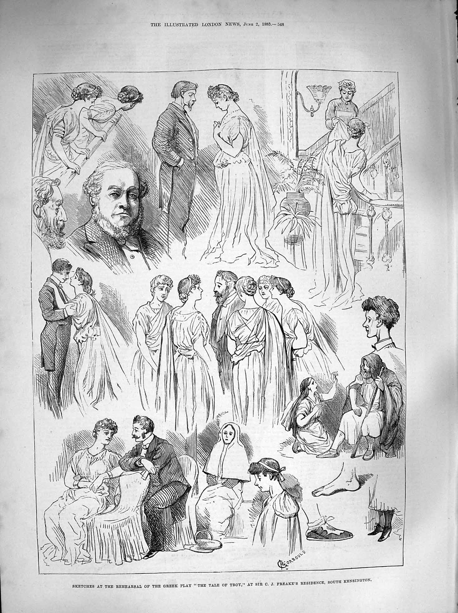 Old Antique Print 1883 Rehearsal Greek Play Tale Troy Freake Kensington 19th