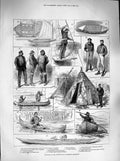 Original Old Antique Print 1883 Fisheries Exhibition Indian Wigwam Life-Saving