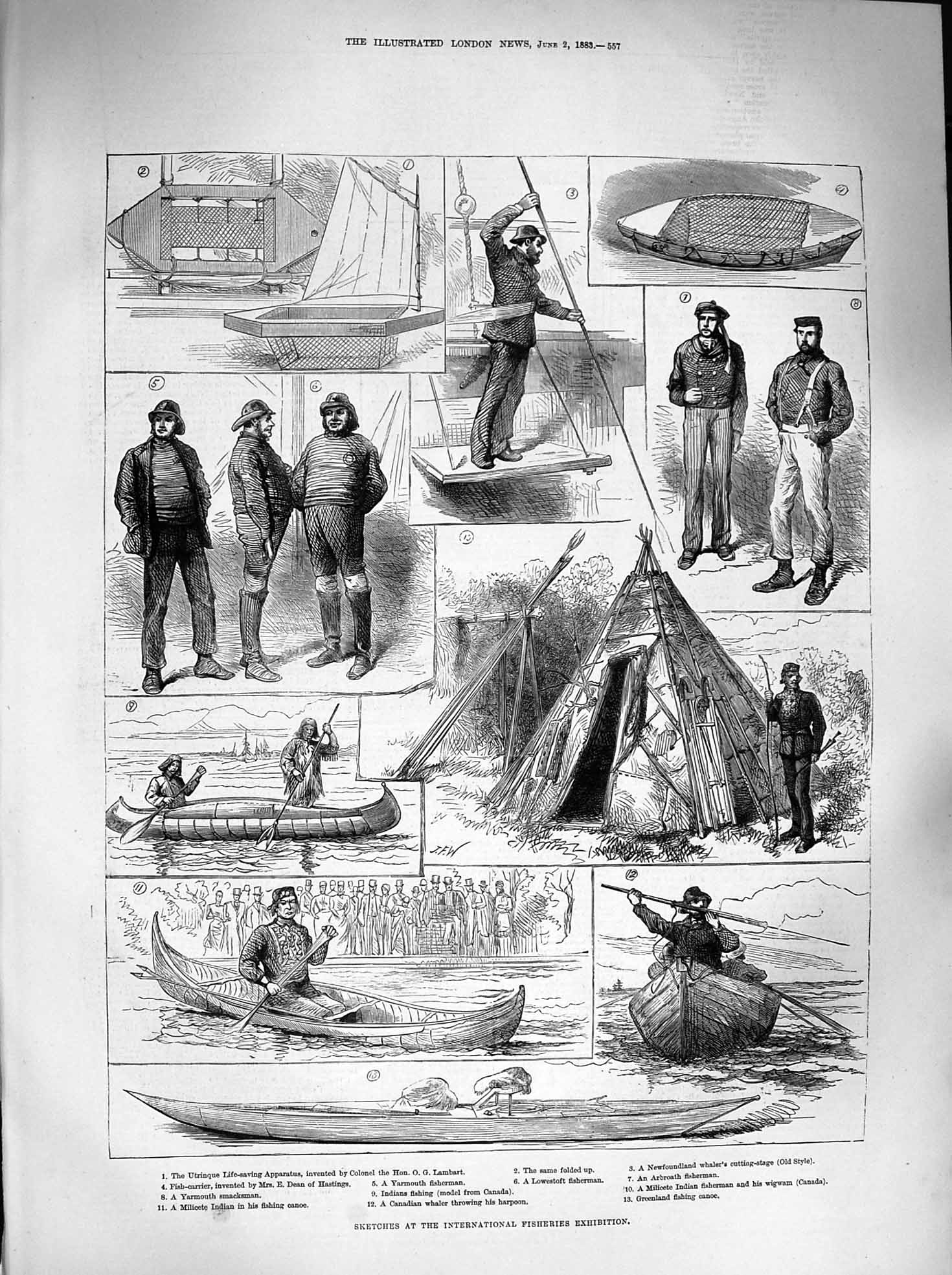 Original Old Antique Print 1883 Fisheries Exhibition Indian Wigwam Life-Saving