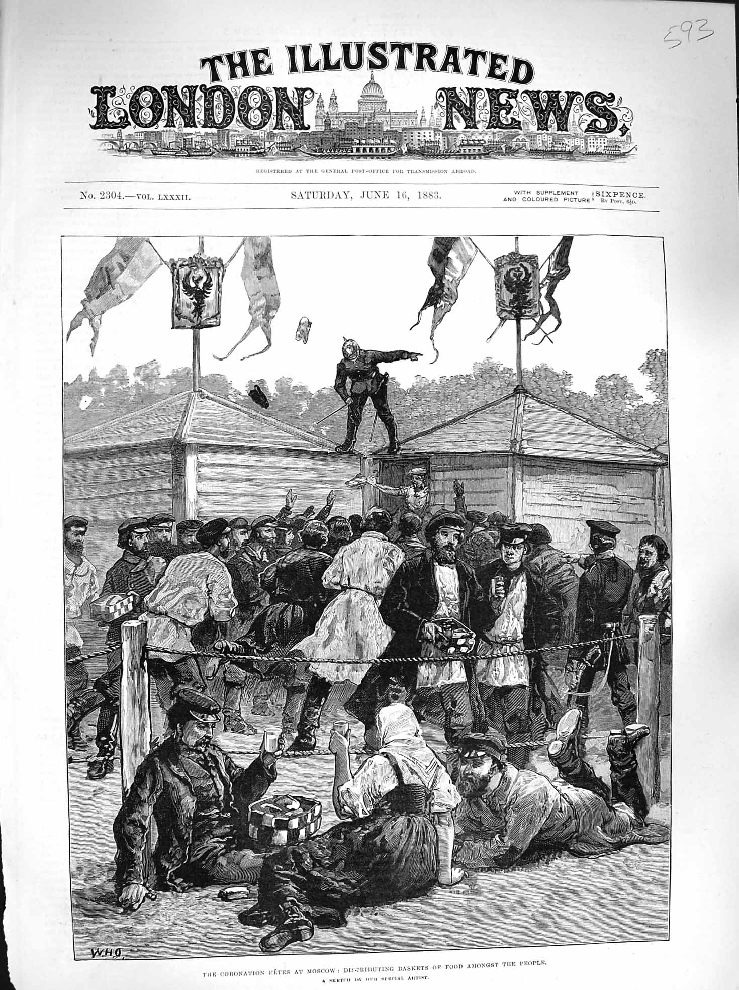 Old Antique Print 1883 Coronation Fetes Moscow Baskets Food Poor People 19th