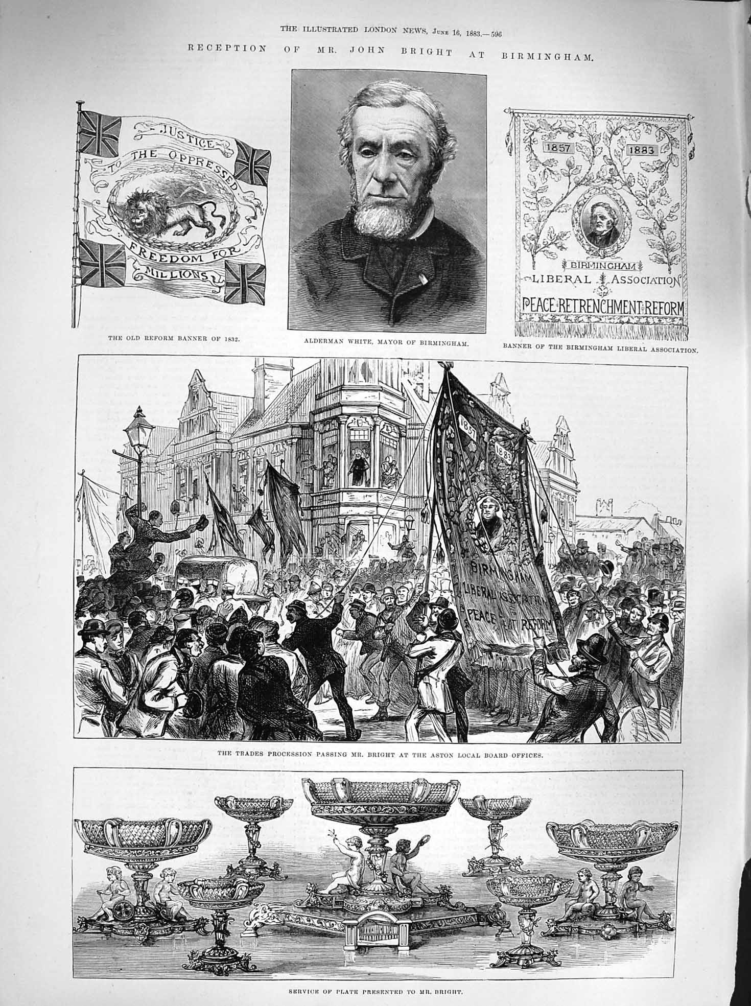Original Old Antique Print 1883 John Bright Birmingahm Alderman White Aston