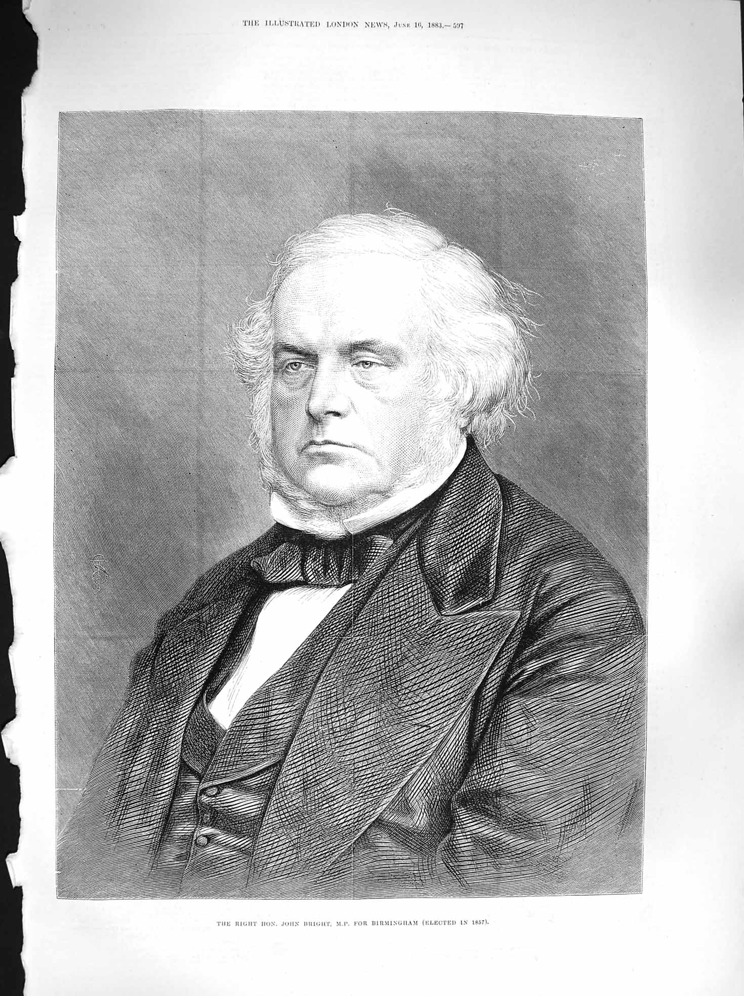Old Antique Print 1883 Portrait John Bright Member Parliament Birmingham 19th