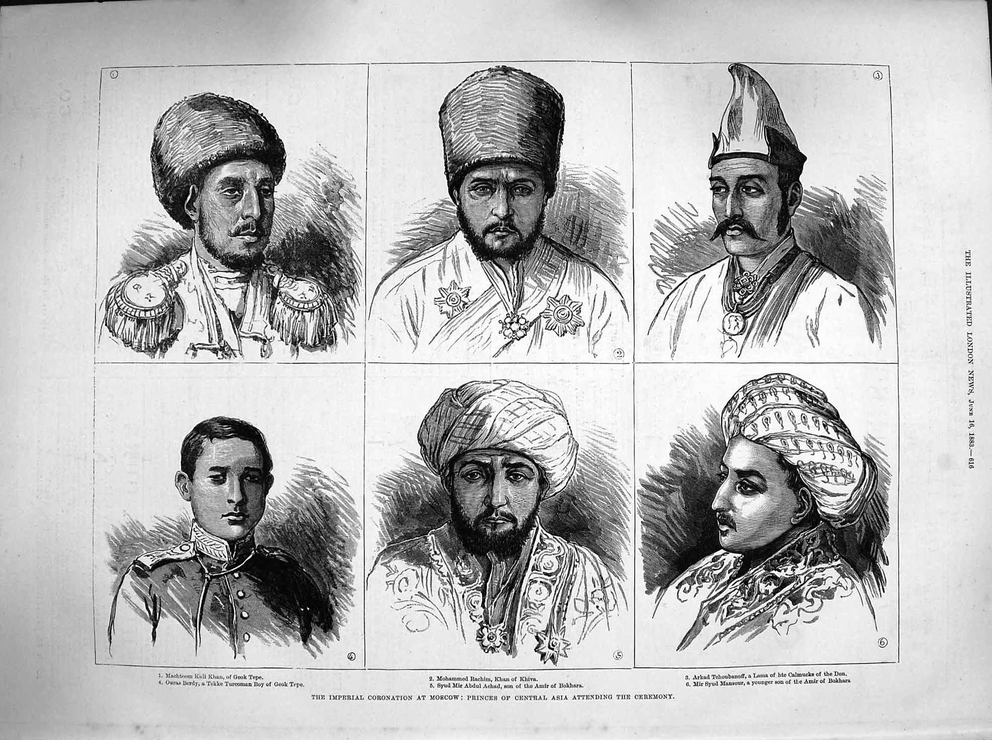 Original Old Antique Print 1883 Coronation Moscow Princes Asia Khan Khiva Arkad