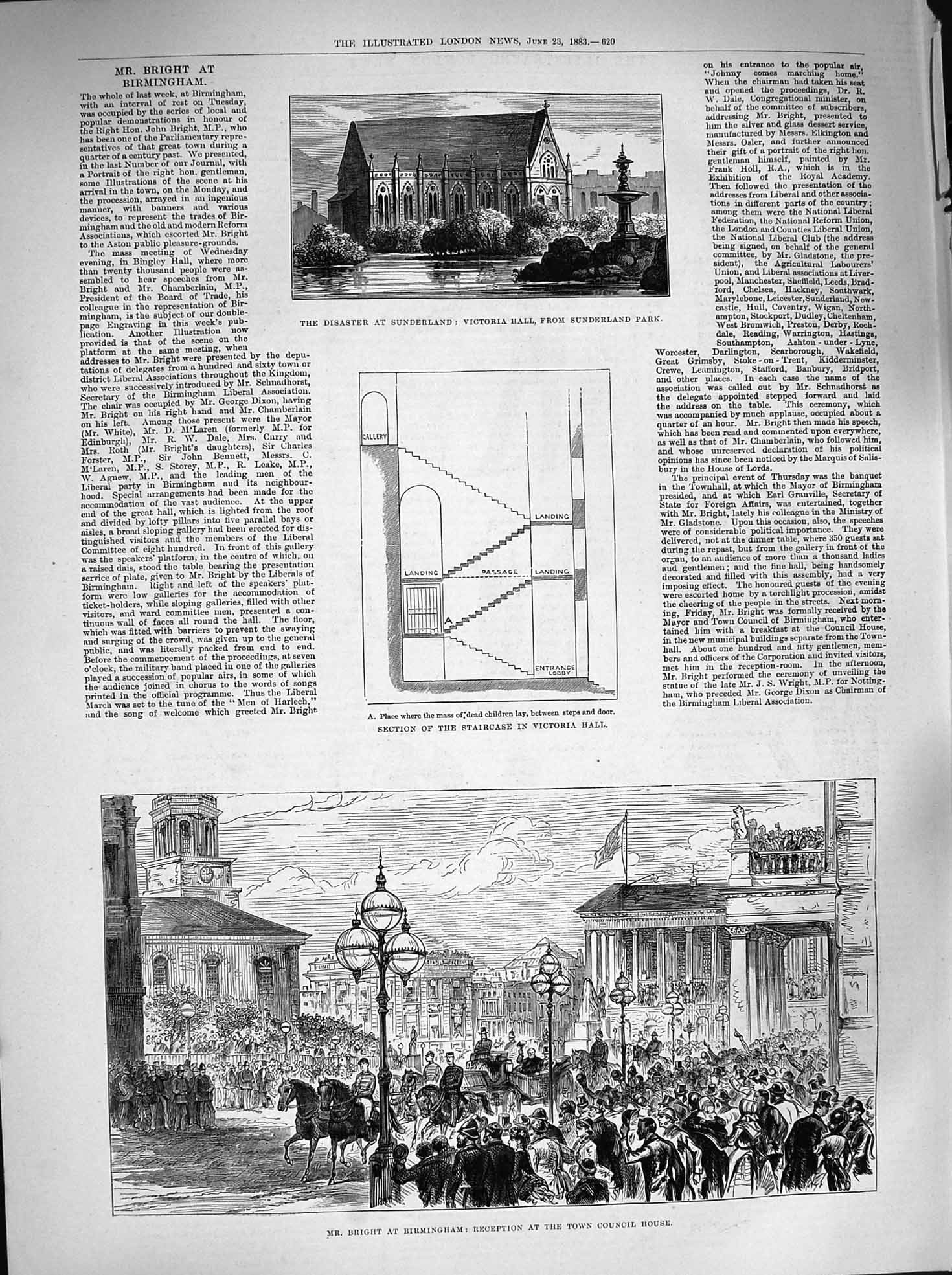Original Old Antique Print 1883 Bright Birmingham Council Disaster Sunderla 19th