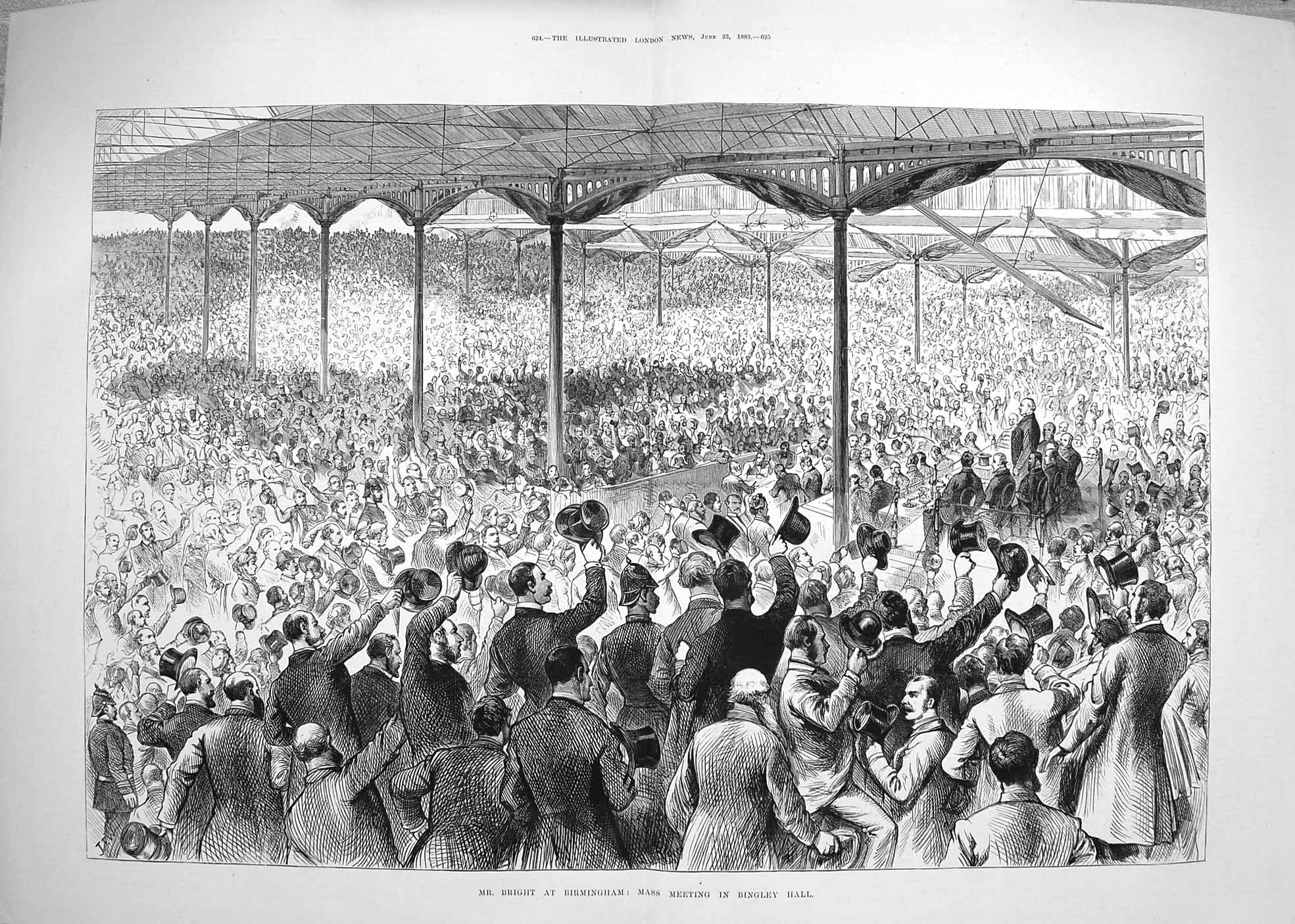 Old Antique Print 1883 Mr. Bright Birmingham Mass Meeting Bingley Hall 19th