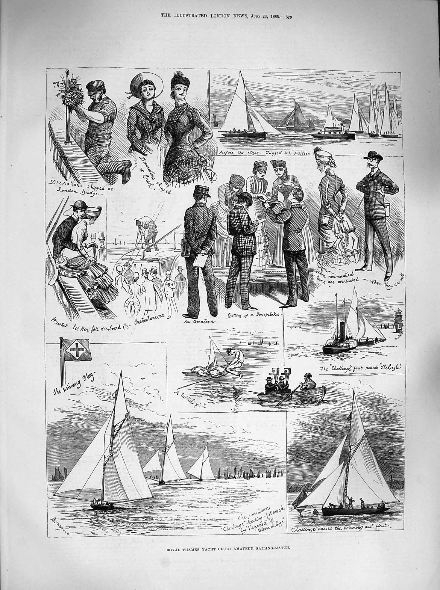 Original Old Antique Print 1883 Royal Thames Yacht Club Amateur Sailin Victorian