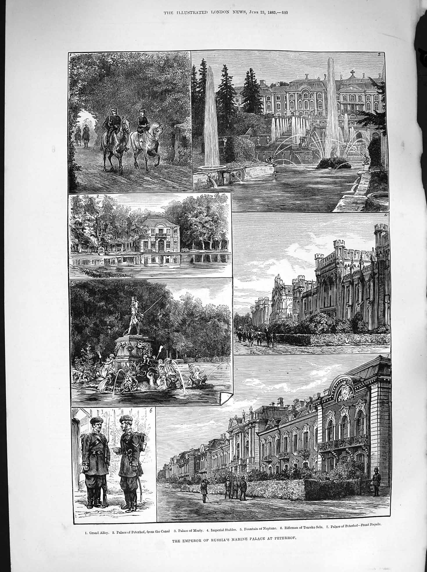 Original Old Antique Print 1883 Emperor Russia Marine Palace PeterhStables 19th