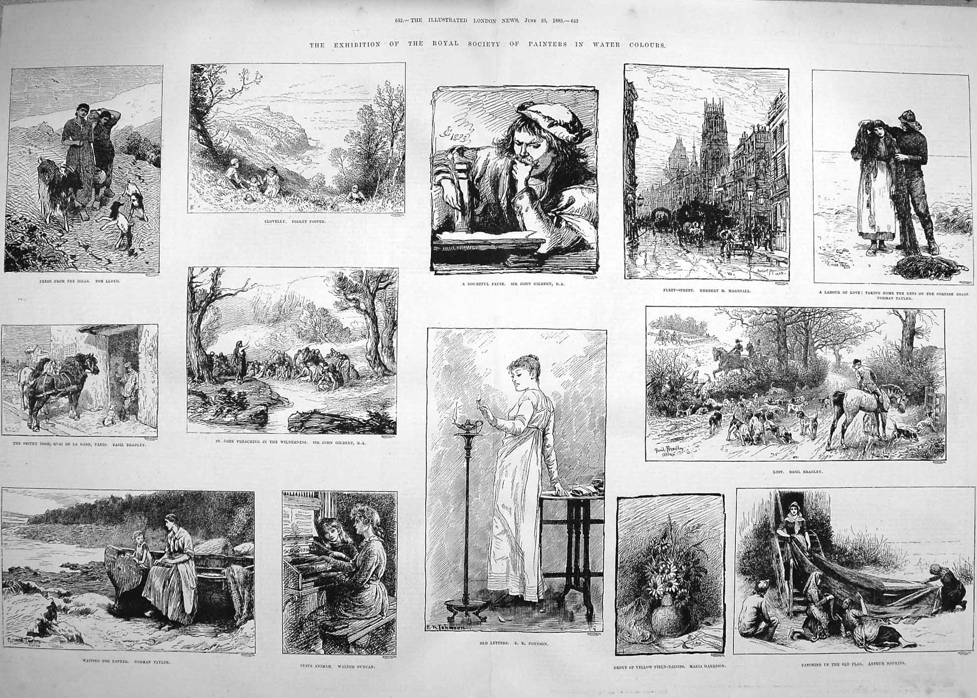 Old Antique Print 1883 Exhibition Painters Water Colours Hunting People 19th