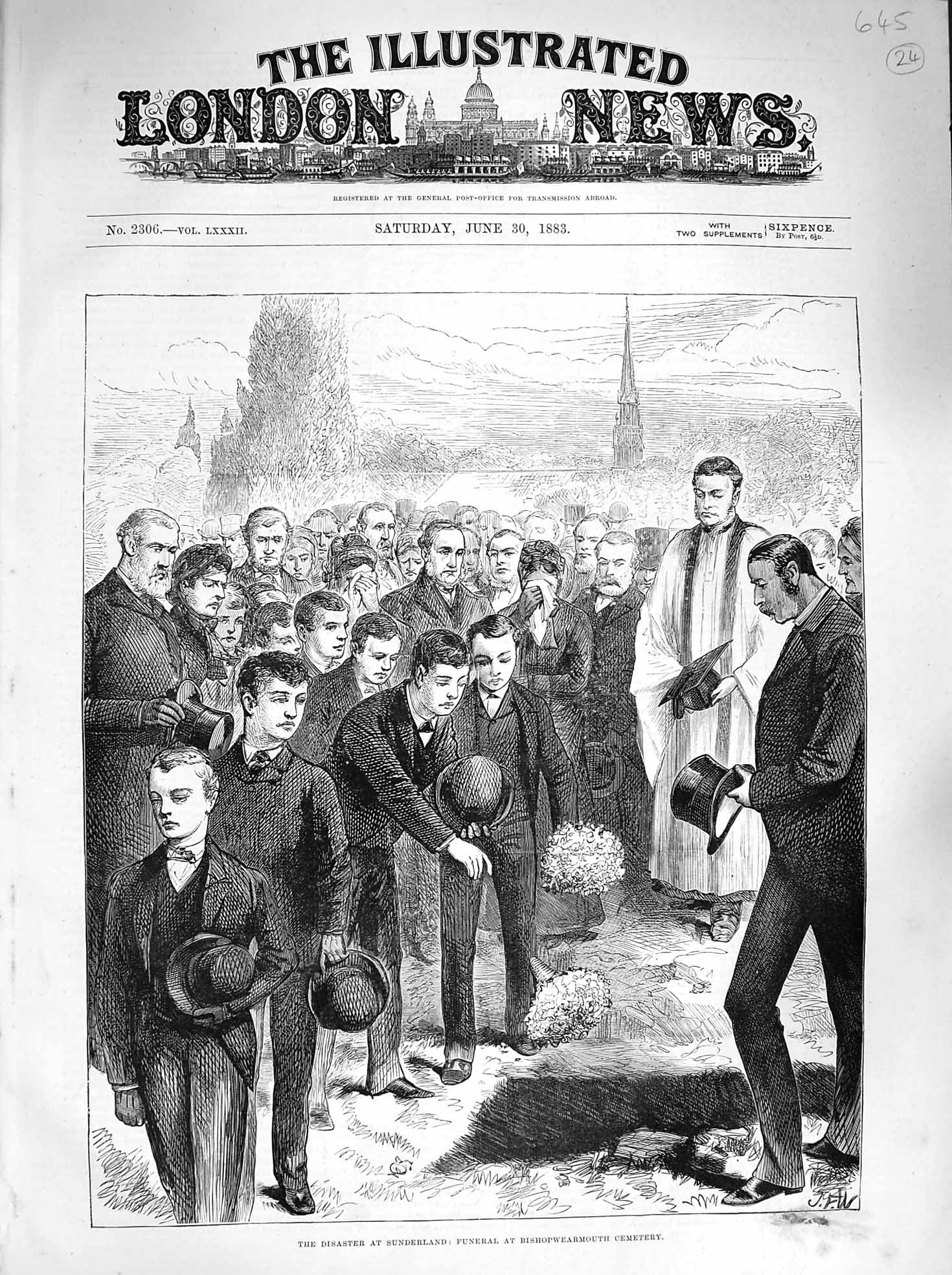 Old Antique Print 1883 Disaster Sunderland Funeral Bishopwearmouth Grave 19th