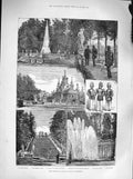 Original Old Antique Print 1883 Emperor Russia Palace PeterhFountain Church