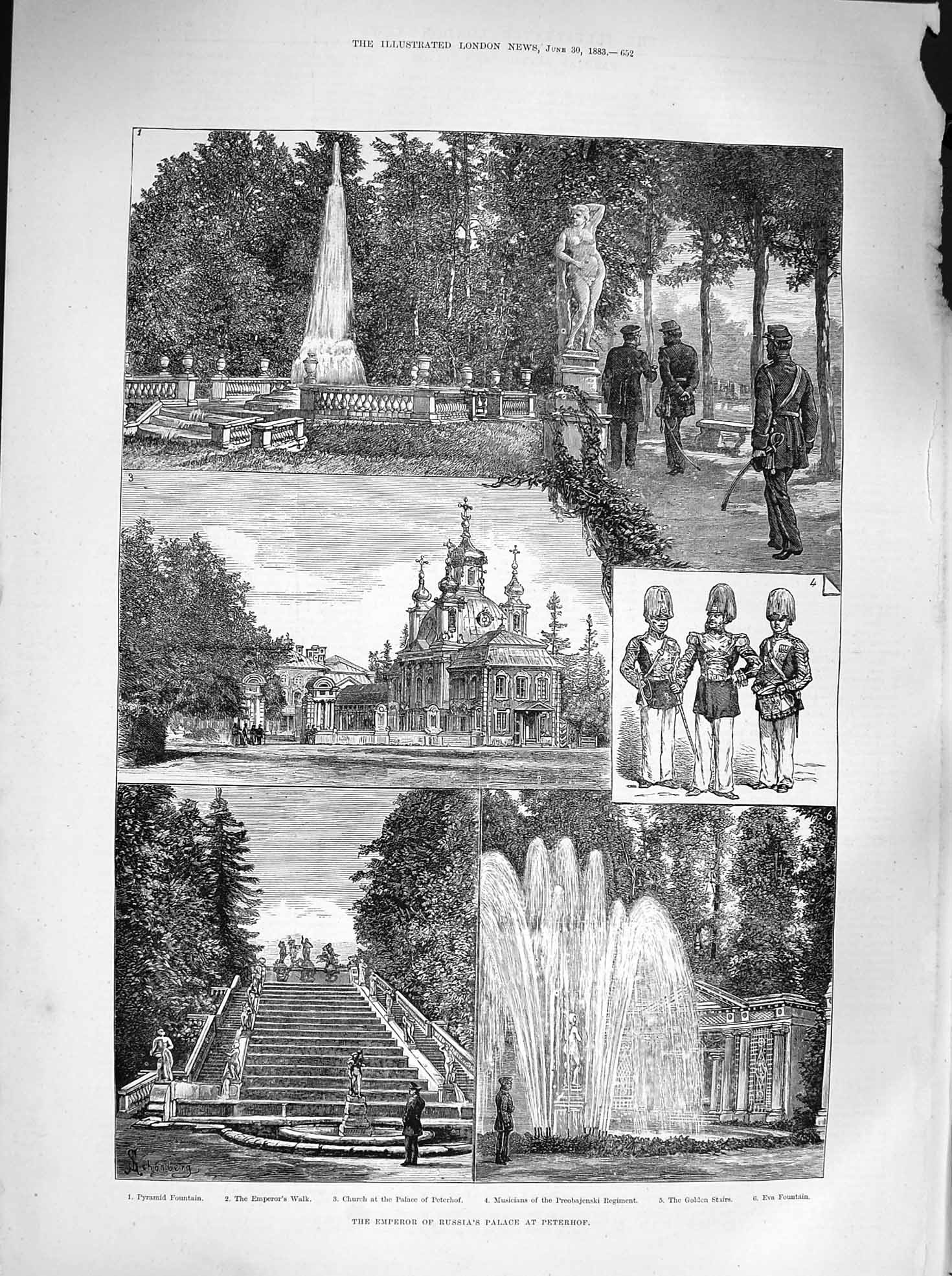 Original Old Antique Print 1883 Emperor Russia Palace PeterhFountain Church