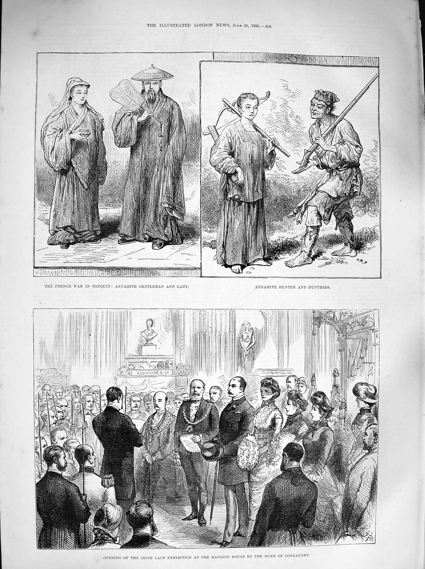 Old Antique Print 1883 Irish Lace Exhibition Mansion French War Tonquin 19th