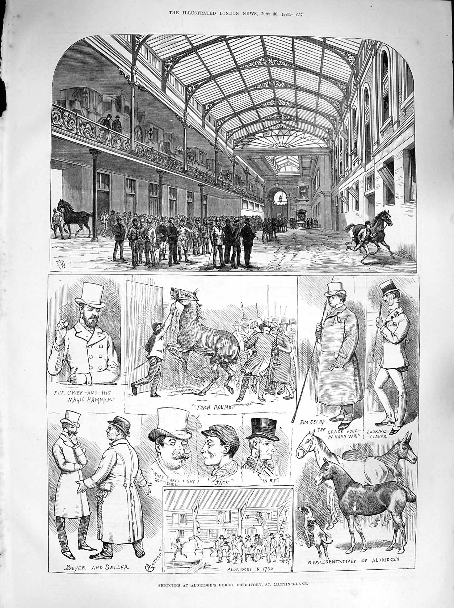 Original Old Antique Print 1883 Aldridge'S Horse Sale Repository St. Martin 19th