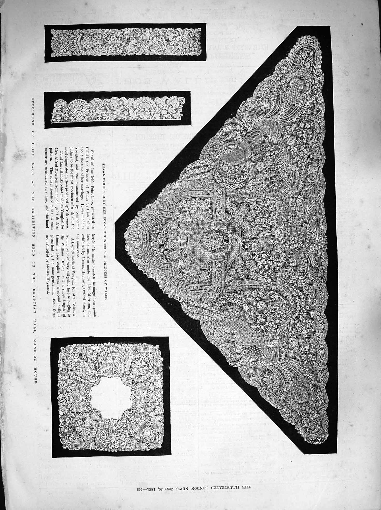 Old Antique Print 1883 Irish Lace Exhibition Egyptian Hall Mansion House 19th
