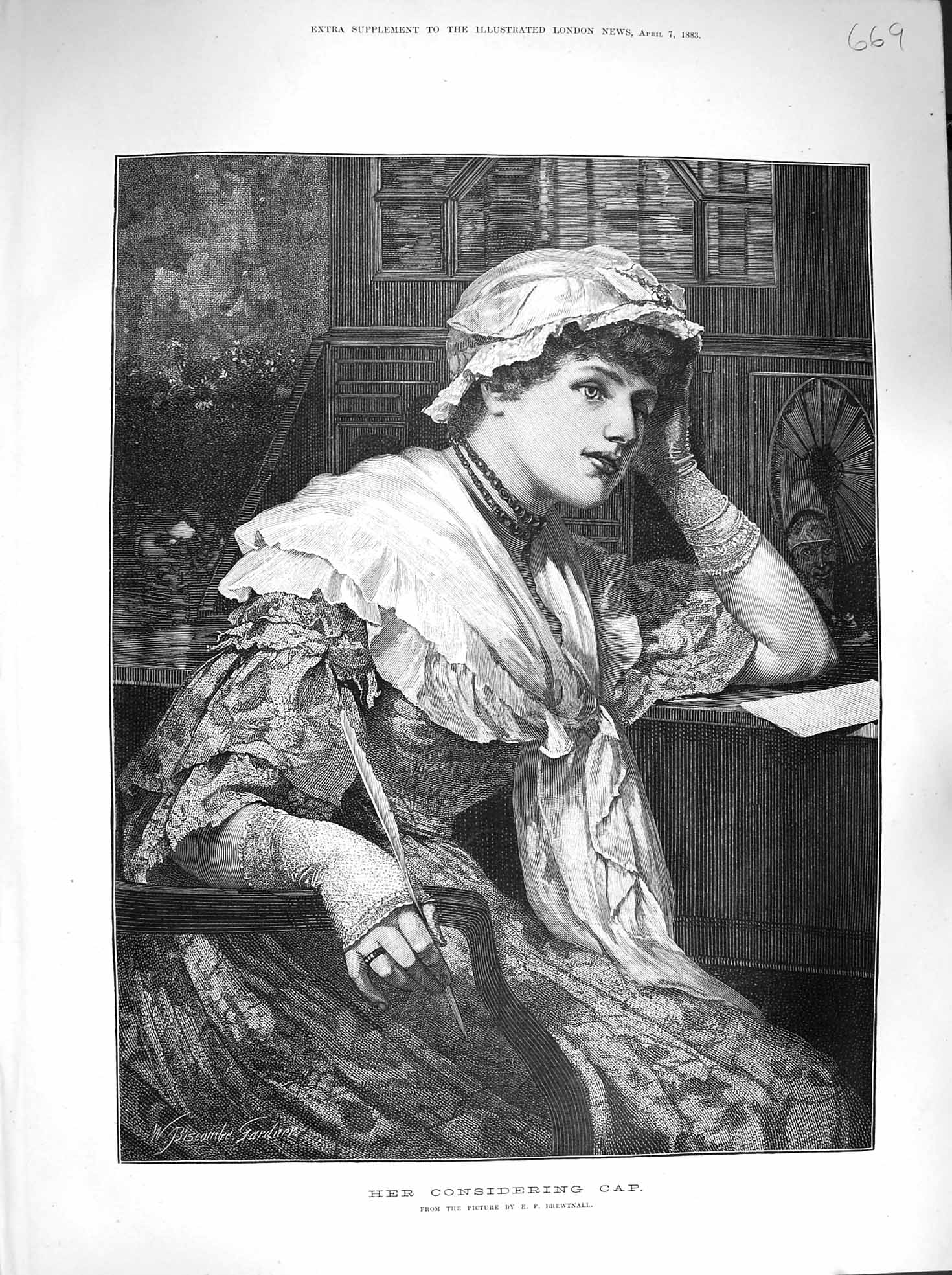 Old Antique Print 1883 Fine Art Portrait Lady Woman Her Considering Cap 19th