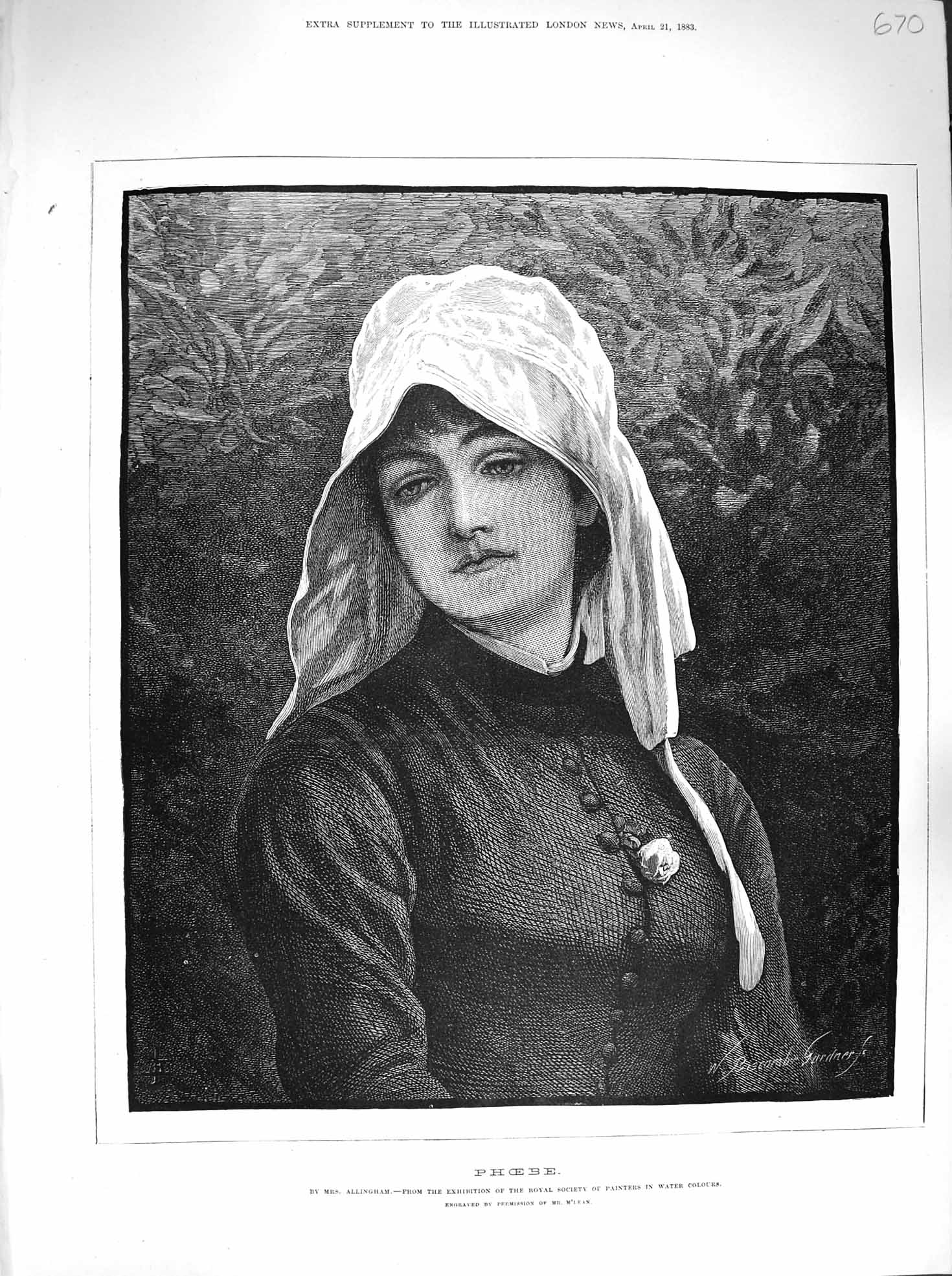 Original Old Antique Print 1883 Portrait Beautiful Girl Pheobe Gardner 19th
