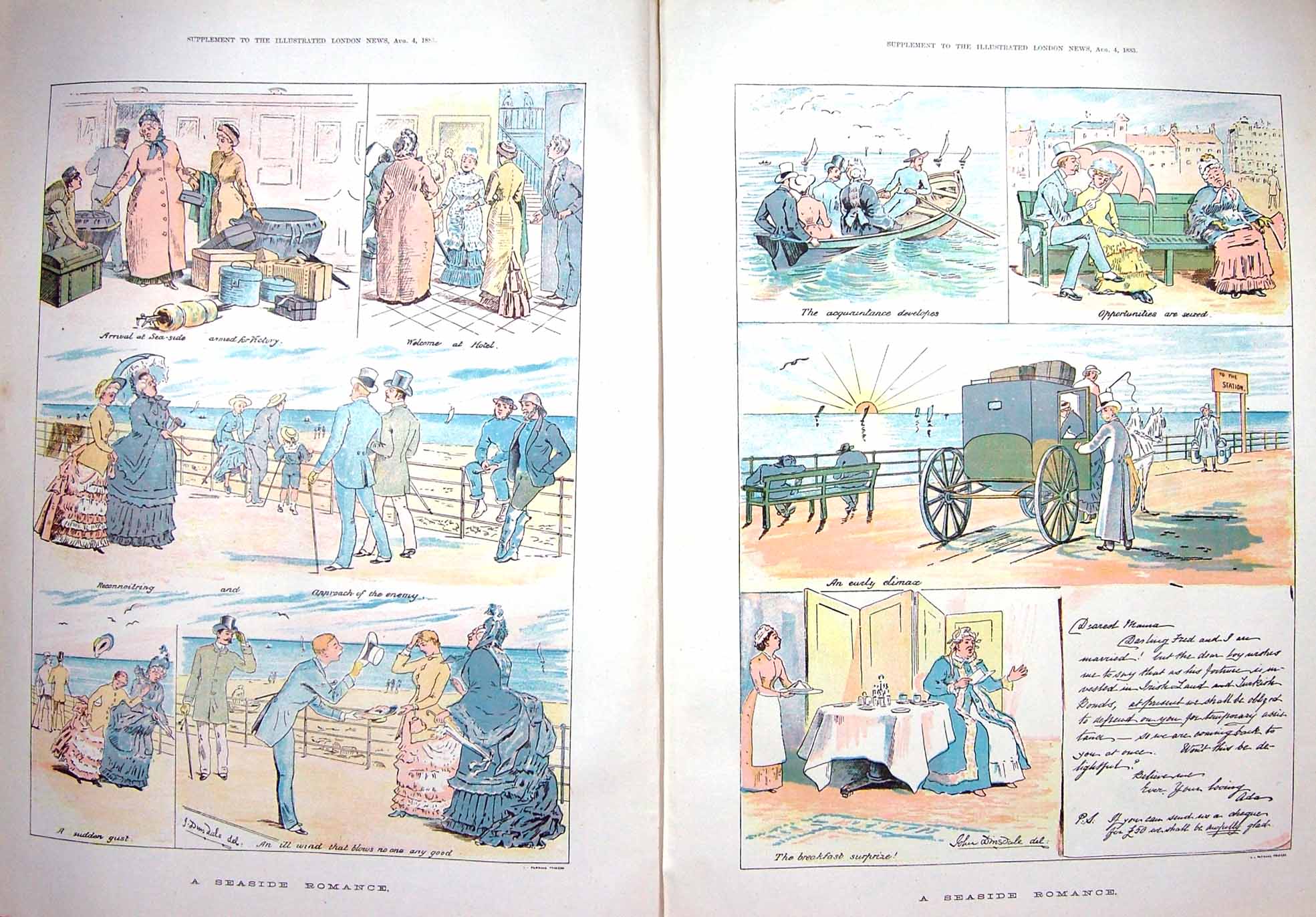 Original Old Antique Print 1883 Colour Seaside Romance Beach Sea Boat 0 19th