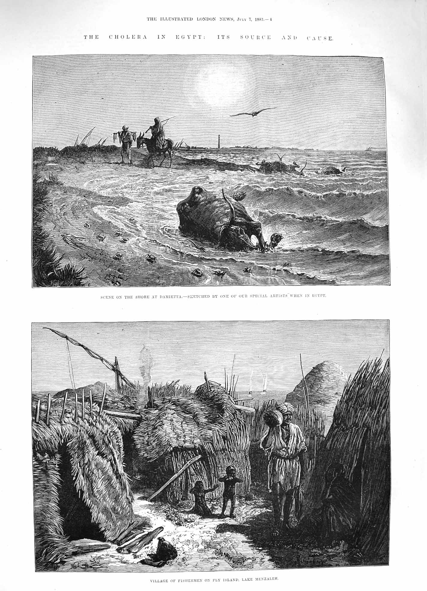 Old Antique Print 1883 Cholera Egypt Damietta Fishermen Fly Island Lake 19th