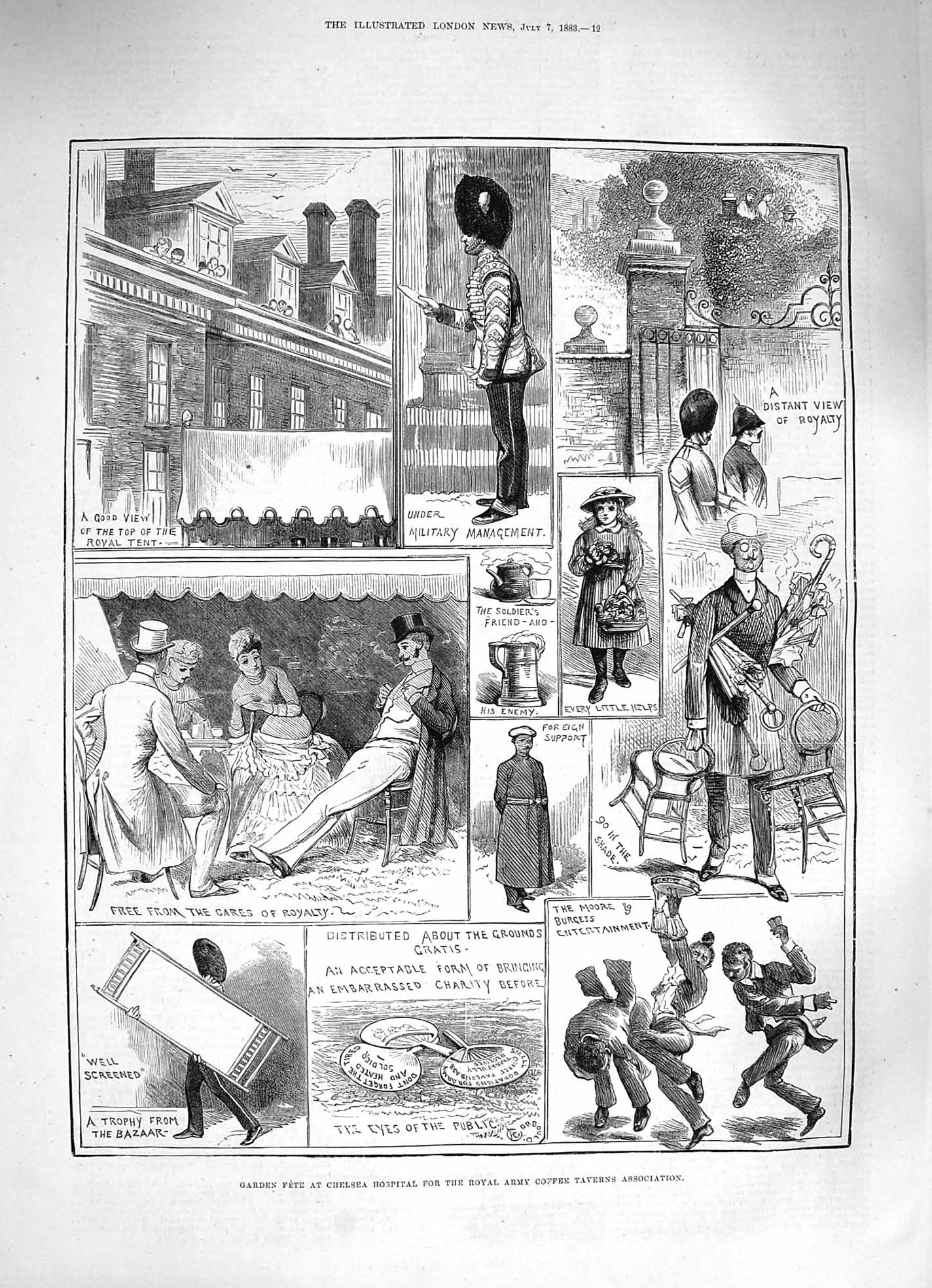 Antique Old Print *3356 1883 Garden Fete Chelsea Hospital Army Coffee Taverns