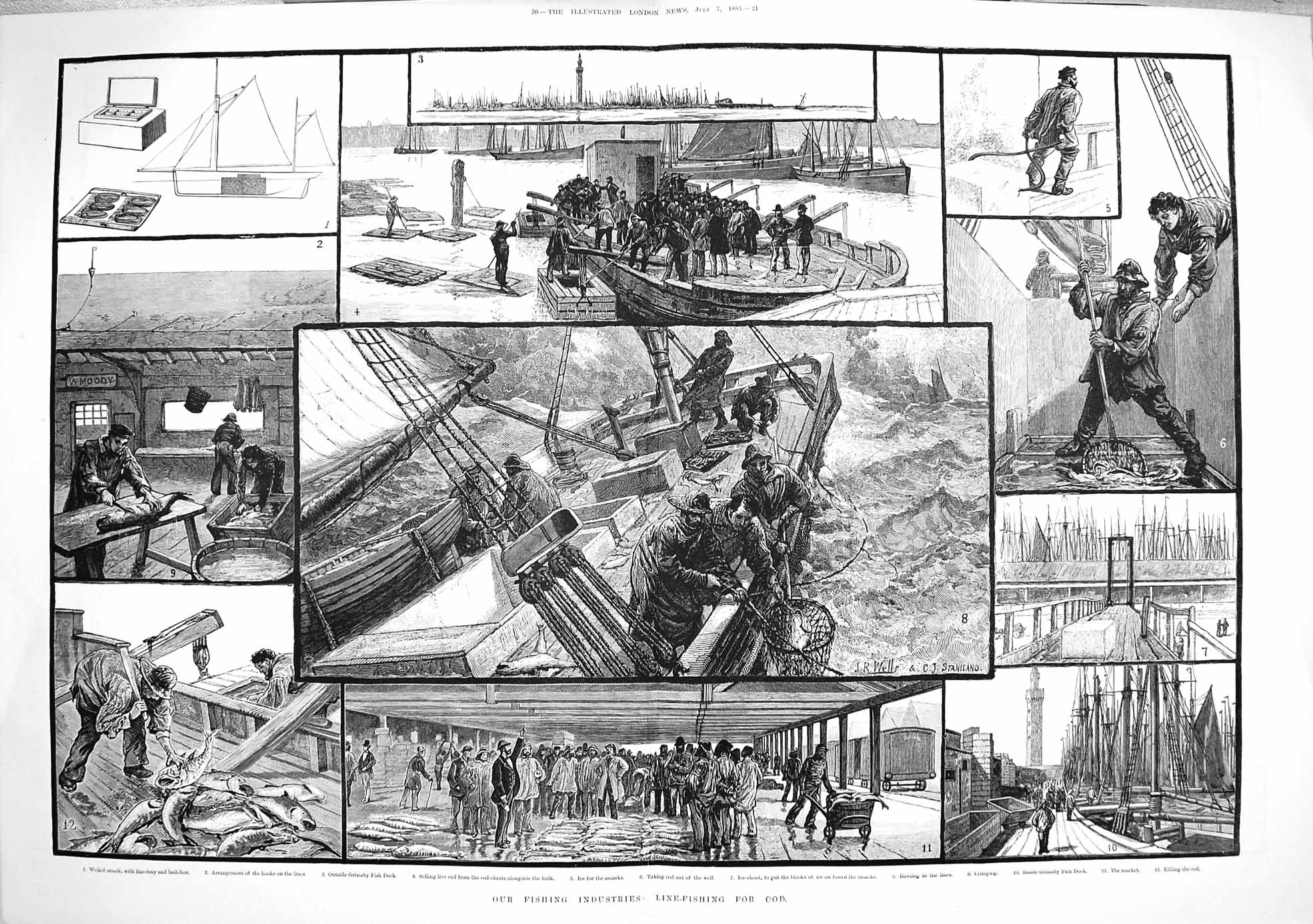 Old Antique Print 1883 Fishing Industry Line-Fishing Cod Grimsby Market 0 19th