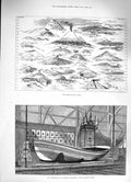Original Old Antique Print 1883 Volcano Etna Ararat Erebus Grace Darling Boat