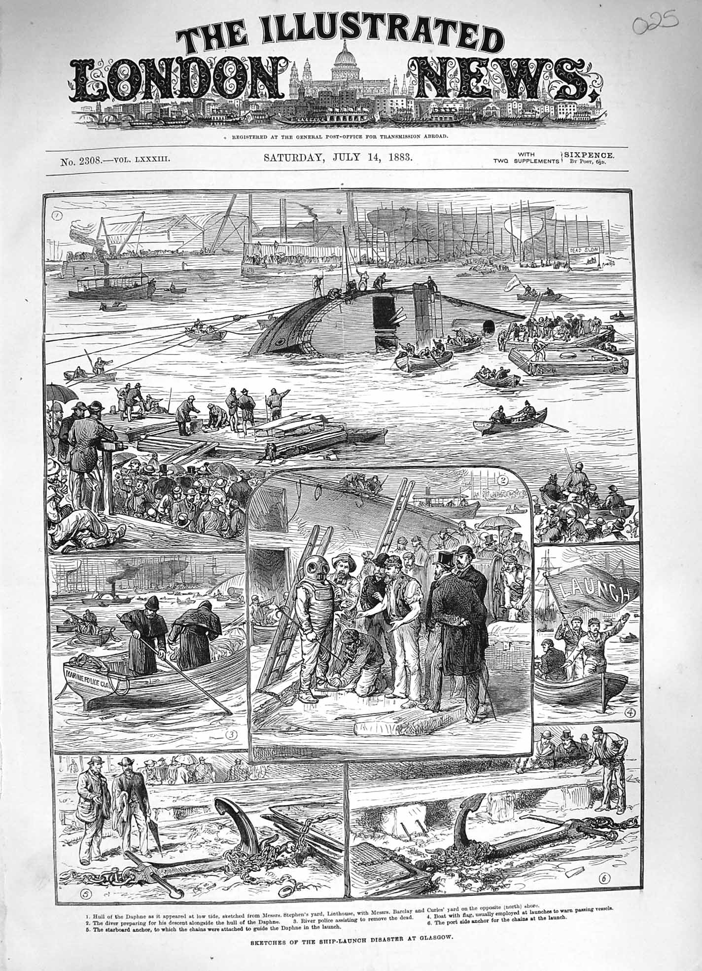Old Antique Print 1883 Ship Launch Disaster Glasgow Daphne River Police 19th