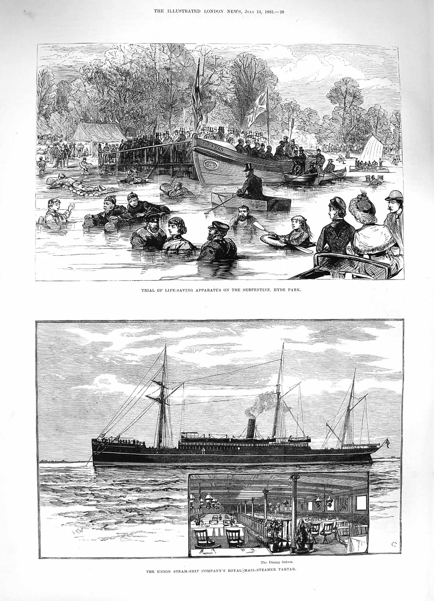 Old Antique Print 1883 Life-Saving Apparatus Serpentine Mail Ship Tartar 19th