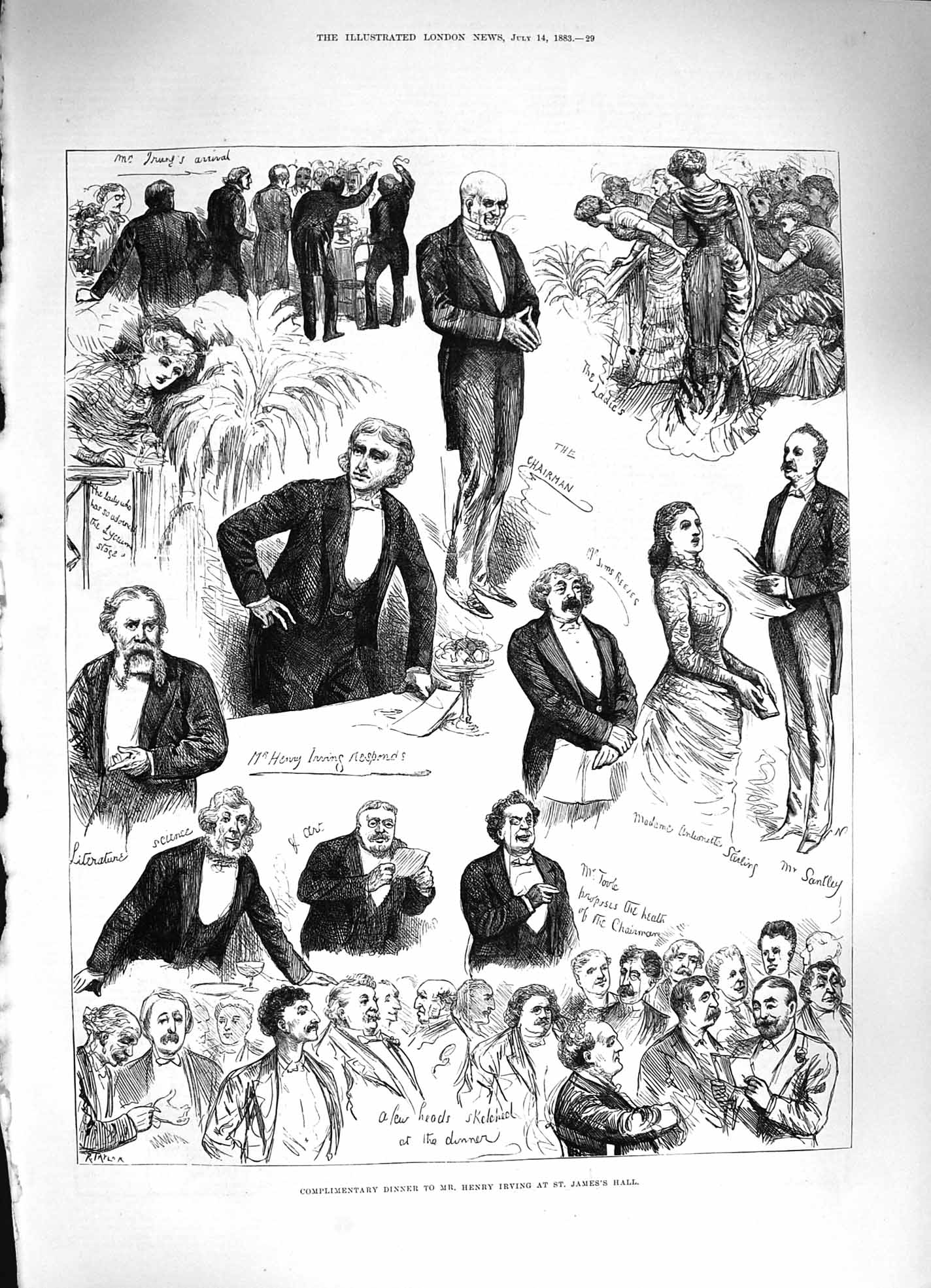 Original Old Antique Print 1883 Dinner Henry Irving St. James'S Hall Reeves