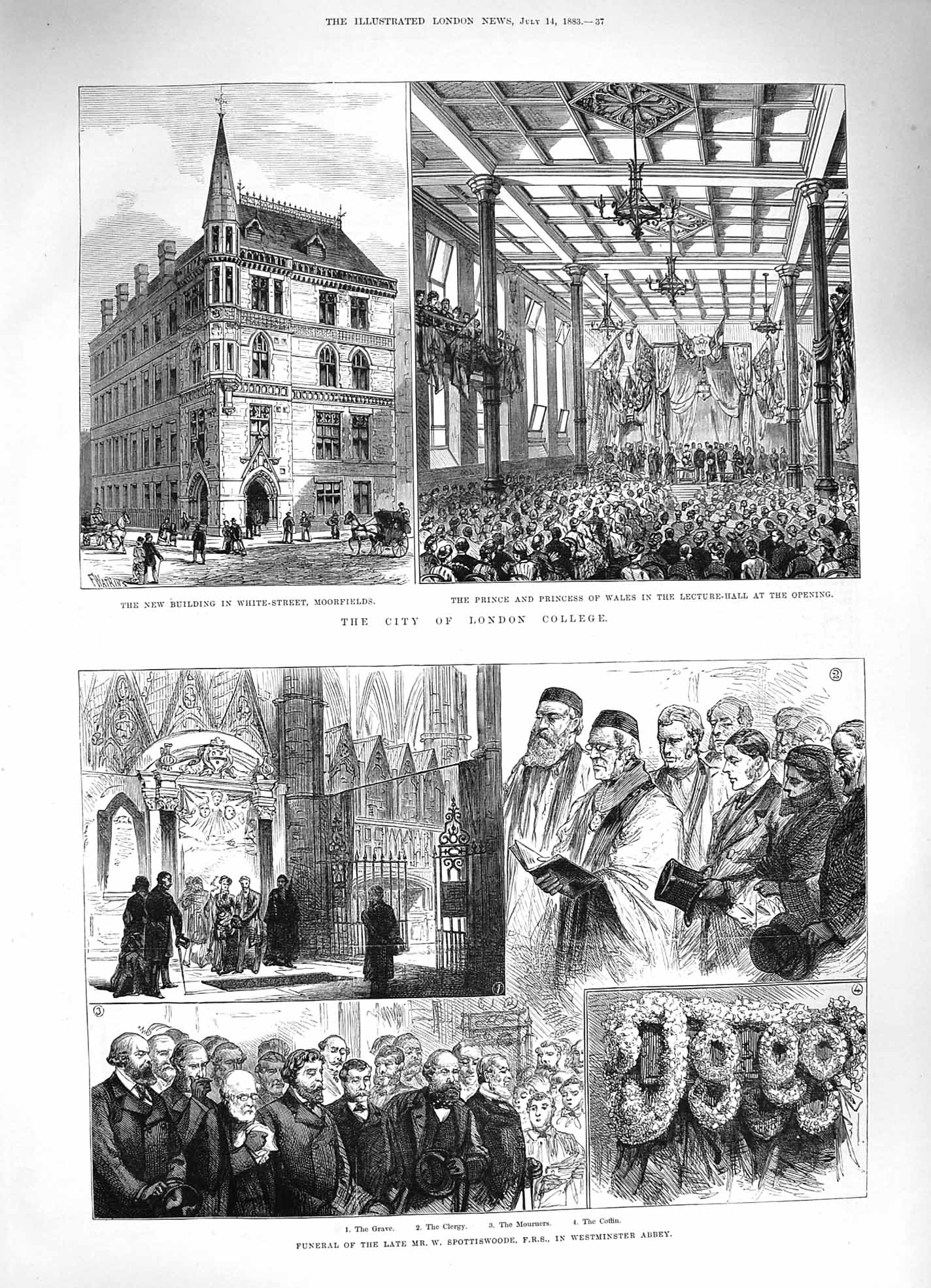 Original Old Antique Print 1883 London College Moorfields Funeral Spottiswoode