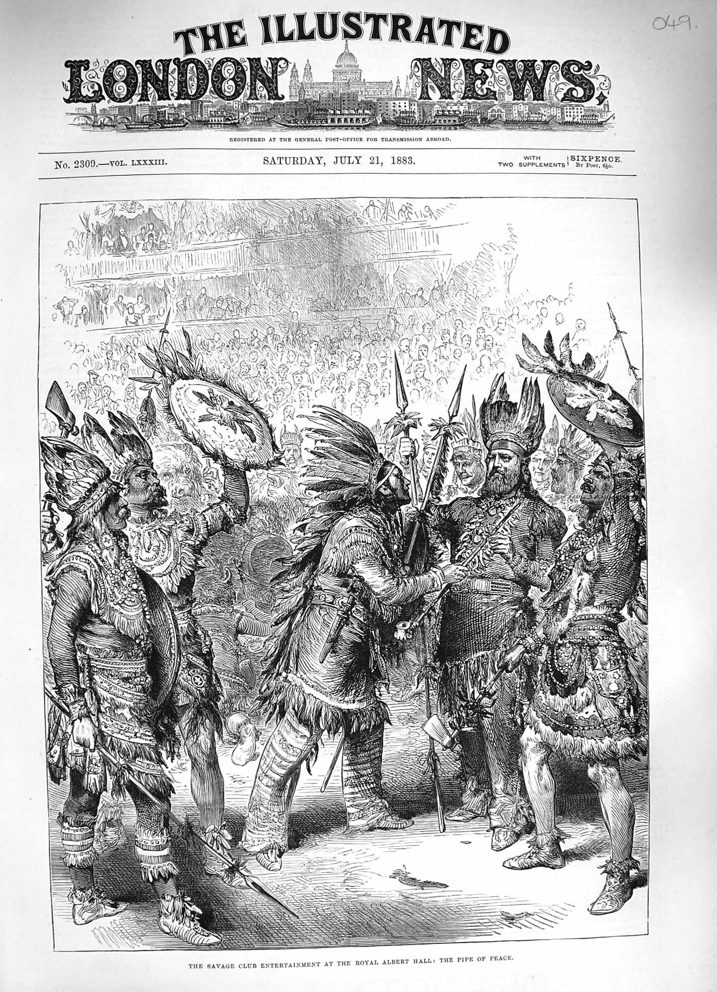Original Old Antique Print 1883 Savage Club Pipes Peace Royal Albert Hall 19th