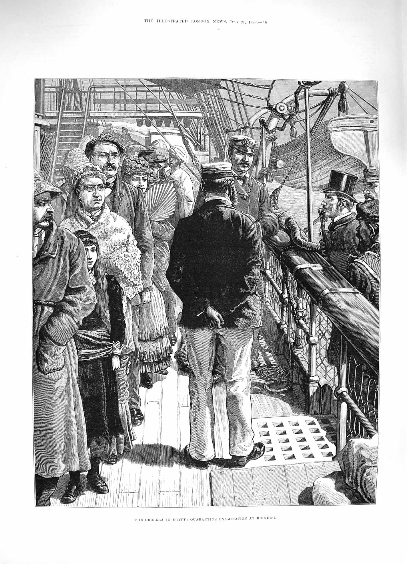 Old Antique Print 1883 Cholera Egypt Quarantine Examination Brindisi Ship 19th