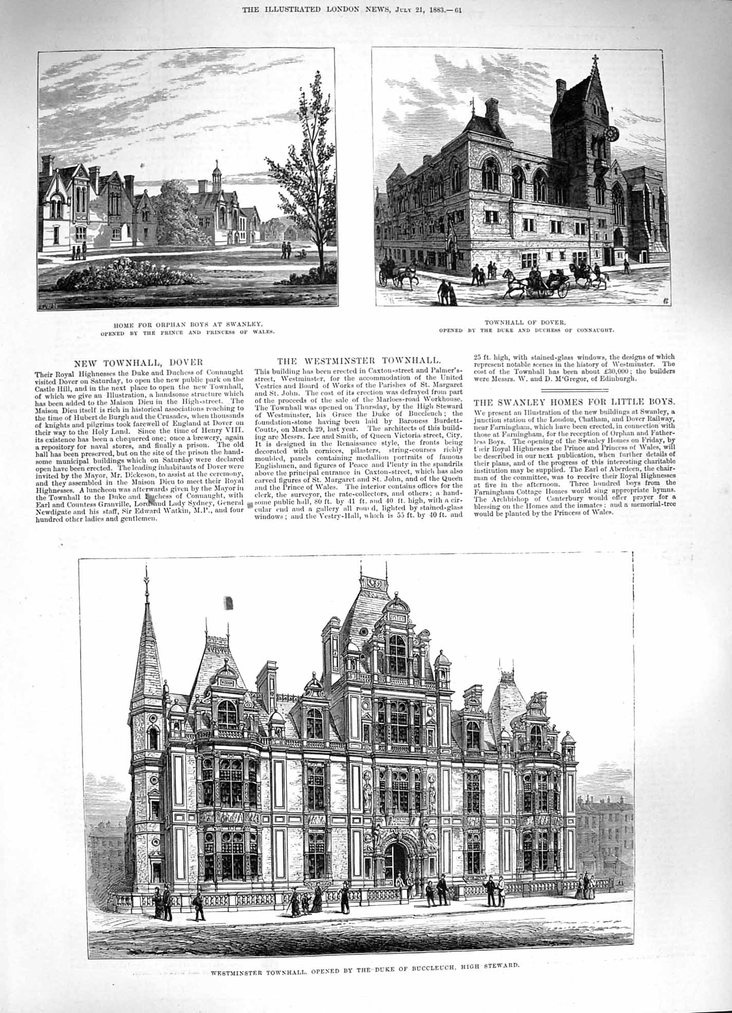 Original Old Antique Print 1883 Westminster Townhall Buccleuch Orphan Swanley